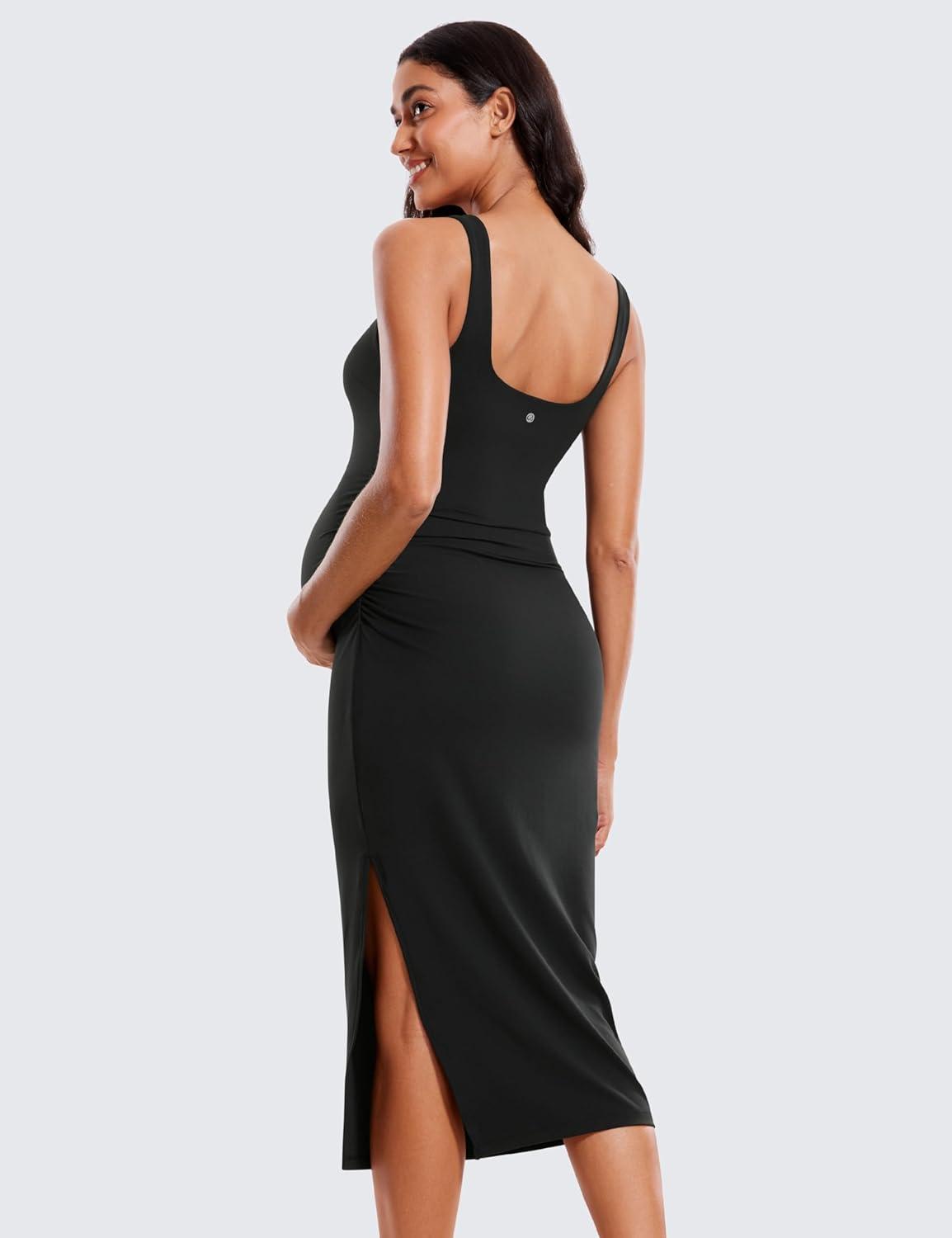 imageCRZ YOGA Butterluxe Square Neck Sleeveless Maternity Dress Split Ruched Tanks Womens Pregnancy Bodycon Casual Baby ShowerBlack