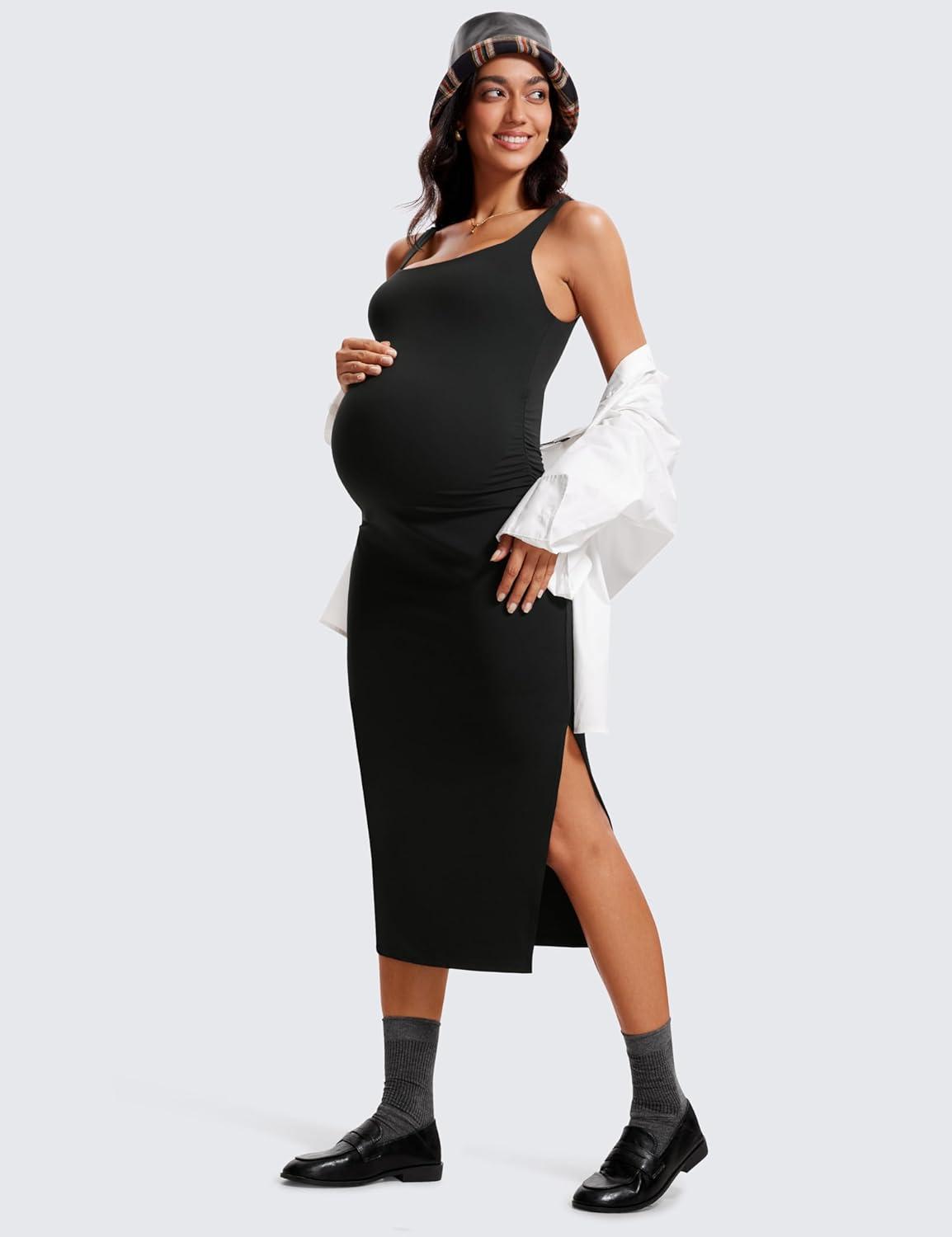 imageCRZ YOGA Butterluxe Square Neck Sleeveless Maternity Dress Split Ruched Tanks Womens Pregnancy Bodycon Casual Baby ShowerBlack