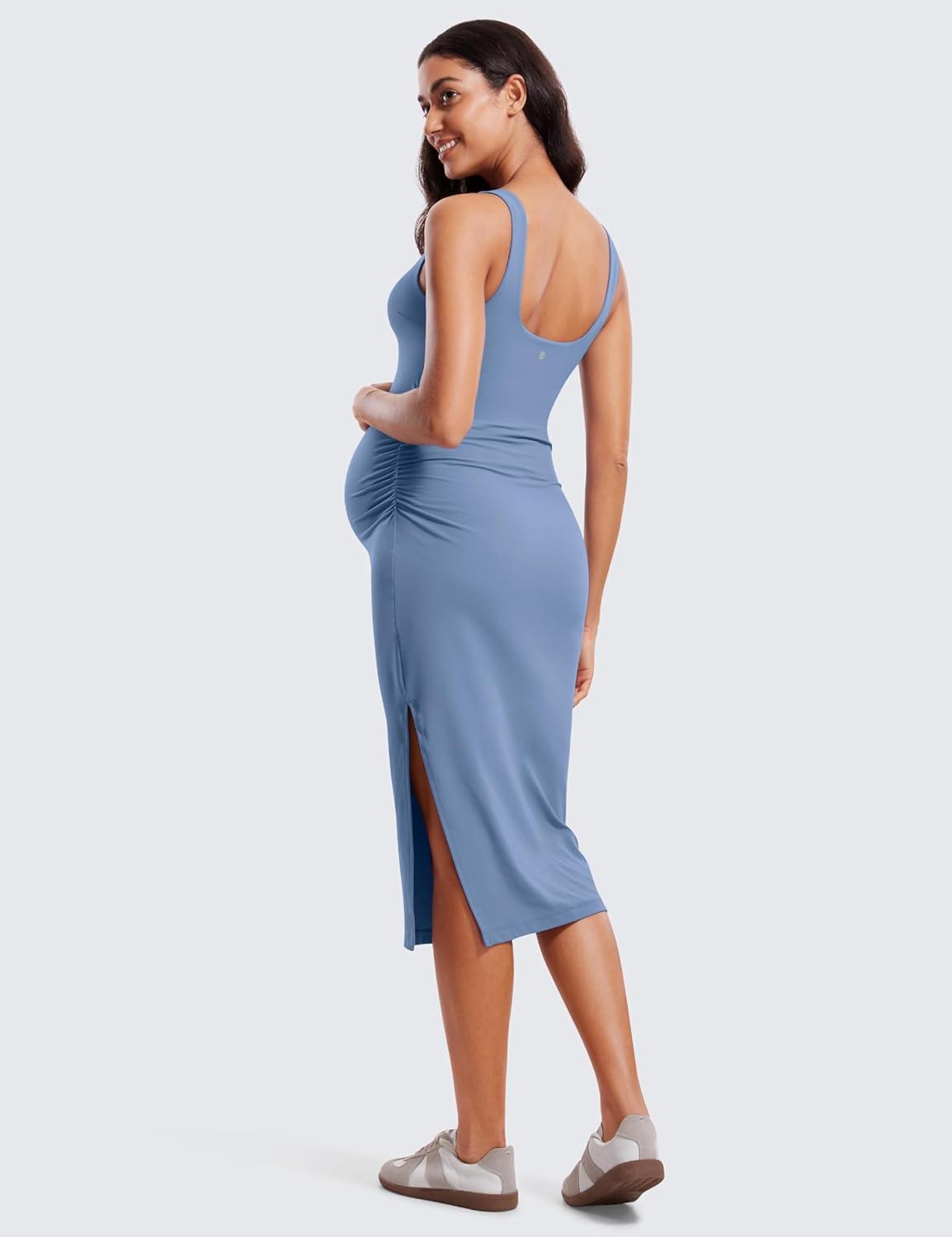 imageCRZ YOGA Butterluxe Square Neck Sleeveless Maternity Dress Split Ruched Tanks Womens Pregnancy Bodycon Casual Baby ShowerOasis Blue