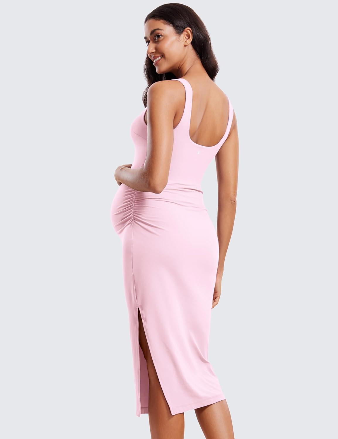imageCRZ YOGA Butterluxe Square Neck Sleeveless Maternity Dress Split Ruched Tanks Womens Pregnancy Bodycon Casual Baby ShowerPink Peony