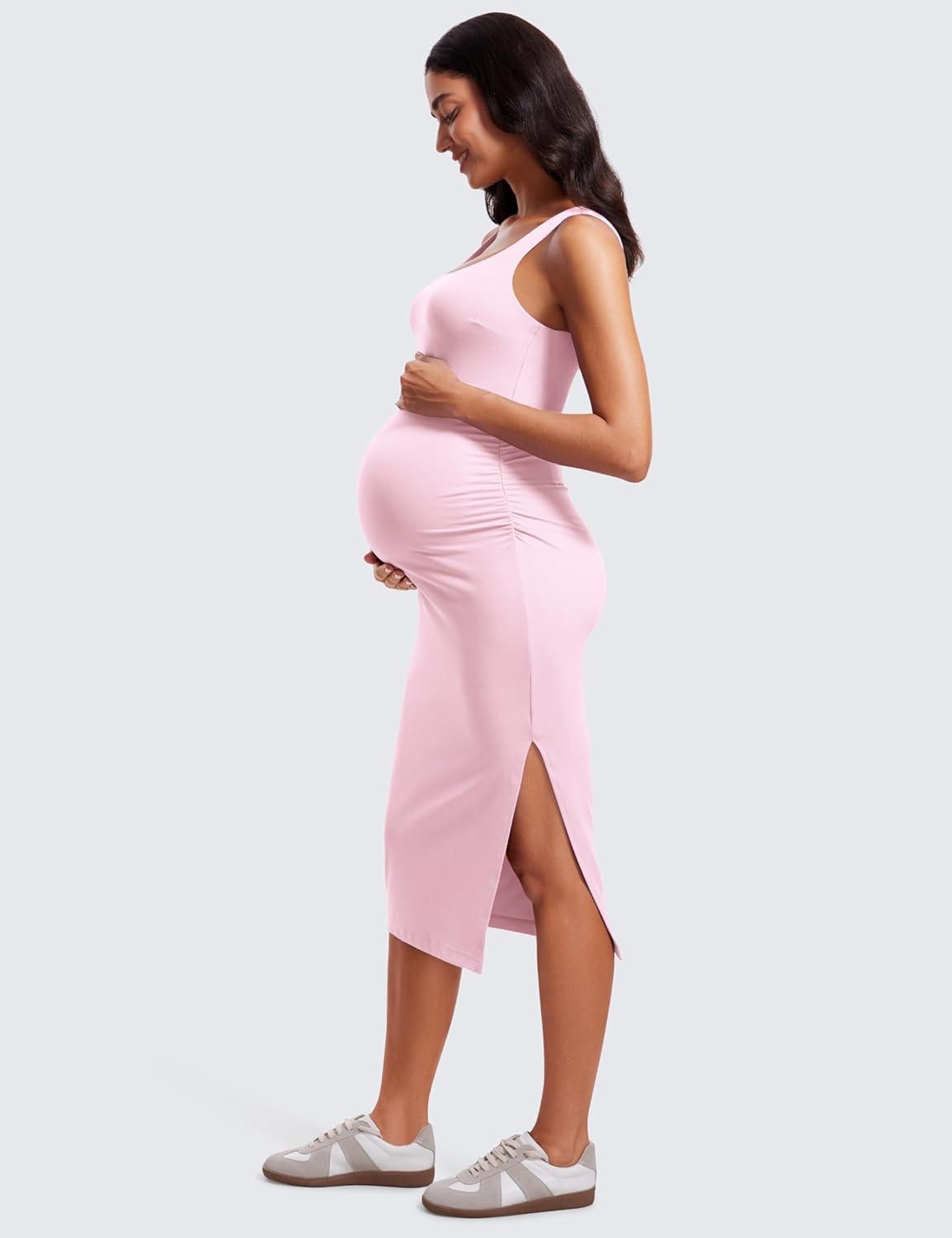 imageCRZ YOGA Butterluxe Square Neck Sleeveless Maternity Dress Split Ruched Tanks Womens Pregnancy Bodycon Casual Baby ShowerPink Peony