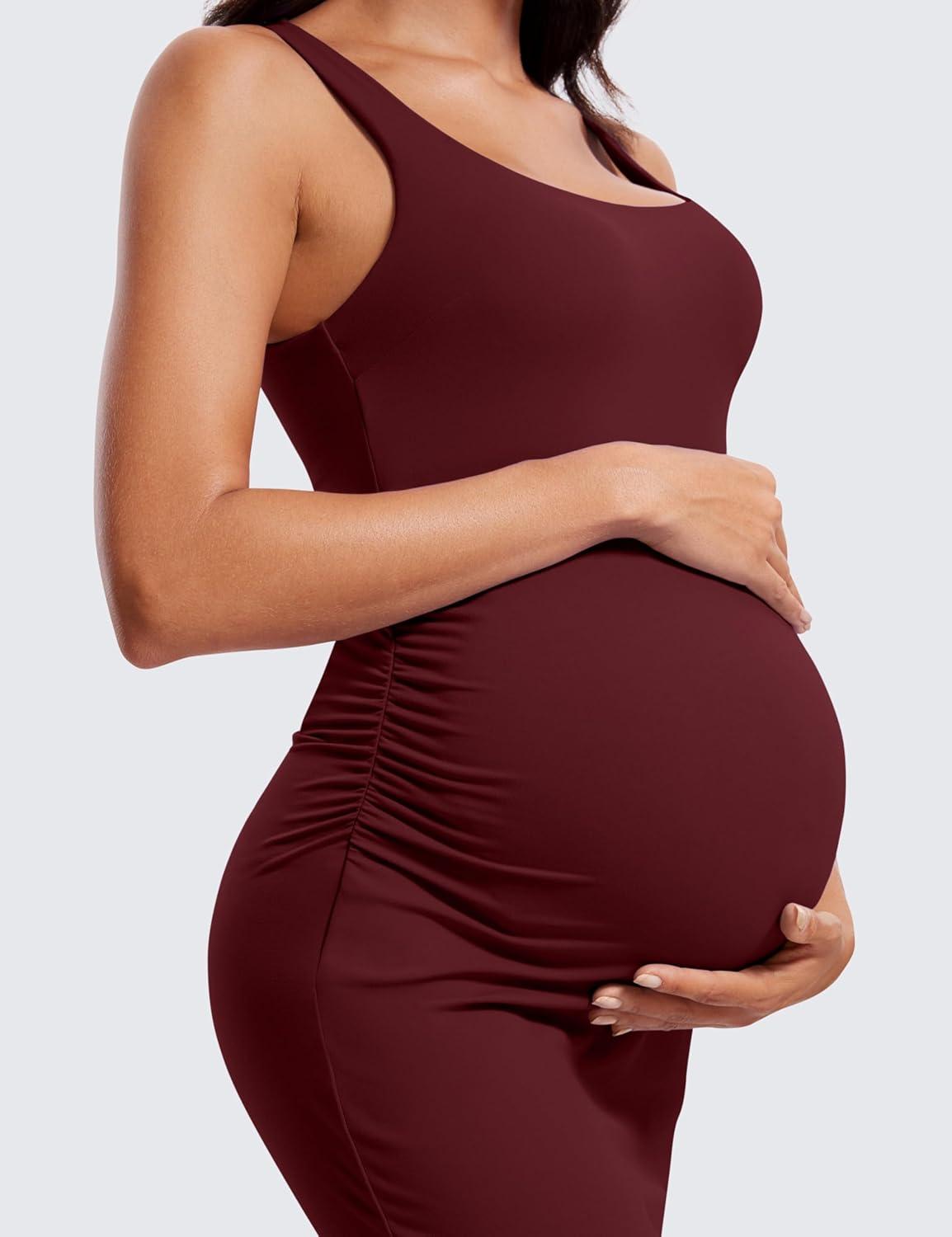 imageCRZ YOGA Butterluxe Square Neck Sleeveless Maternity Dress Split Ruched Tanks Womens Pregnancy Bodycon Casual Baby ShowerRed Merlot