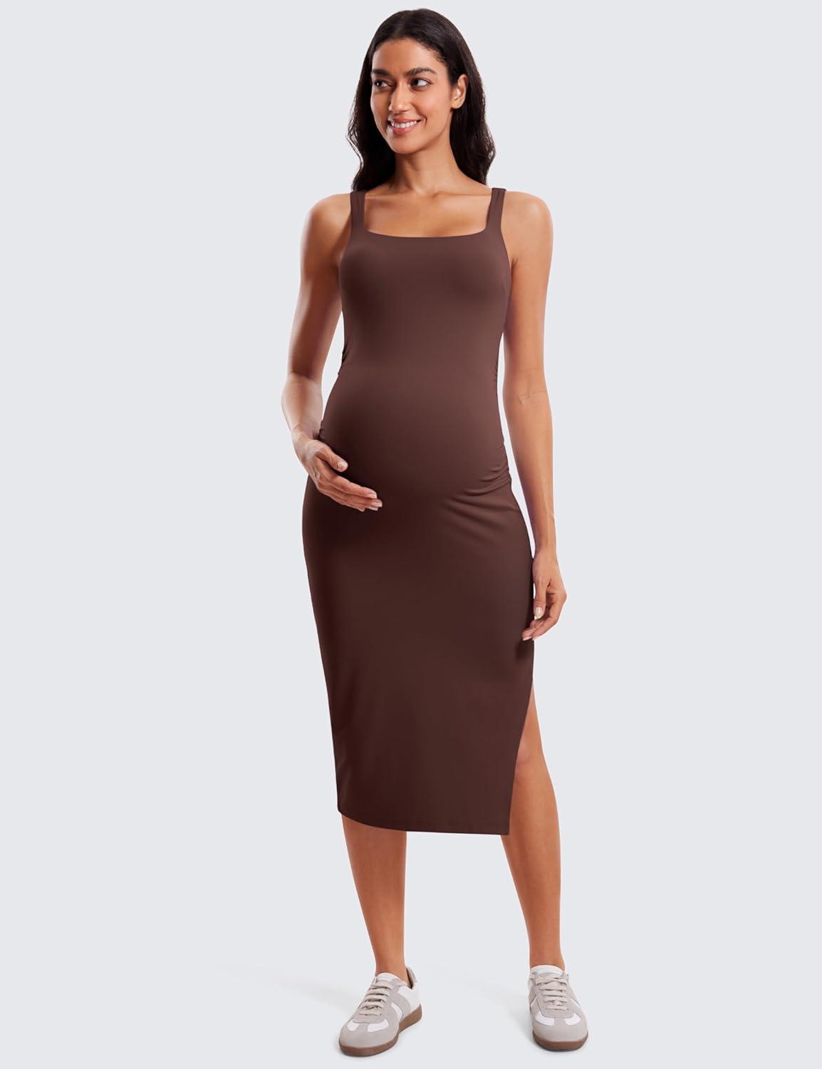 imageCRZ YOGA Butterluxe Square Neck Sleeveless Maternity Dress Split Ruched Tanks Womens Pregnancy Bodycon Casual Baby ShowerTaupe