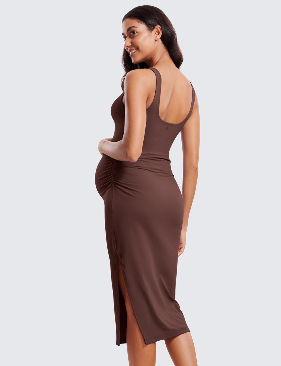 imageCRZ YOGA Butterluxe Square Neck Sleeveless Maternity Dress Split Ruched Tanks Womens Pregnancy Bodycon Casual Baby ShowerTaupe