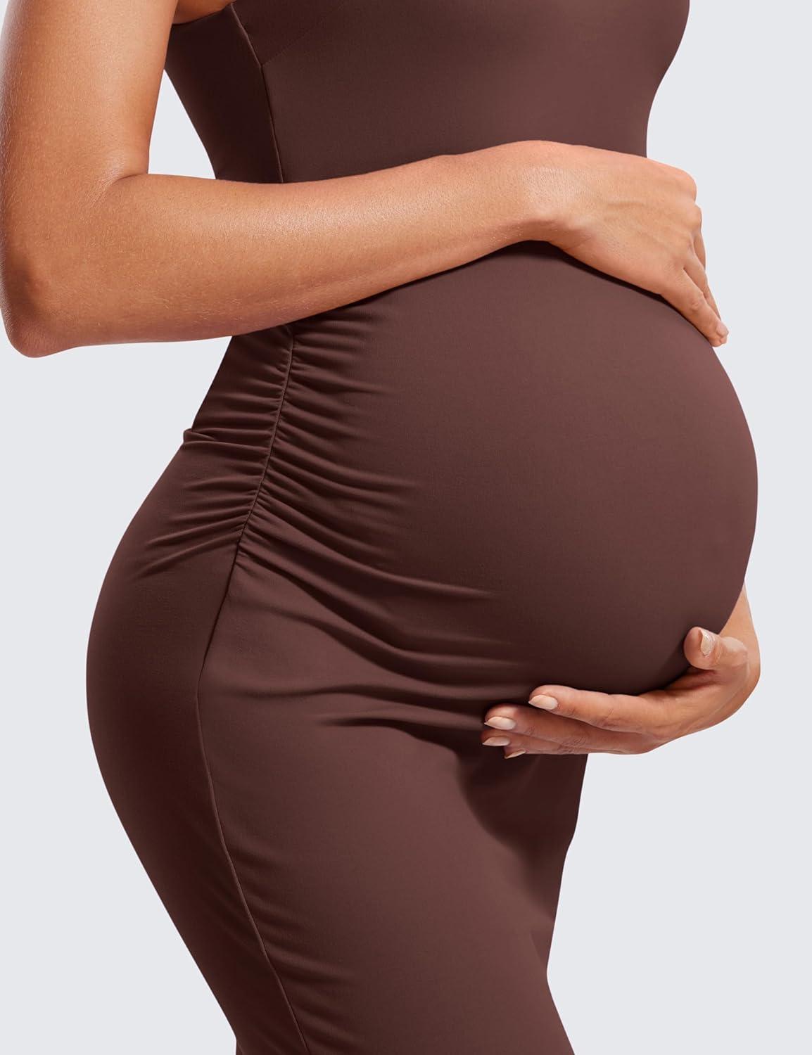 imageCRZ YOGA Butterluxe Square Neck Sleeveless Maternity Dress Split Ruched Tanks Womens Pregnancy Bodycon Casual Baby ShowerTaupe