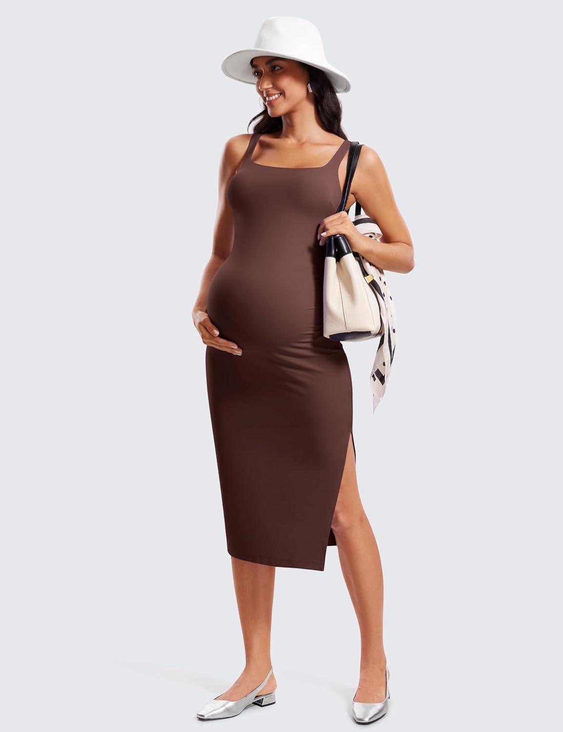 imageCRZ YOGA Butterluxe Square Neck Sleeveless Maternity Dress Split Ruched Tanks Womens Pregnancy Bodycon Casual Baby ShowerTaupe