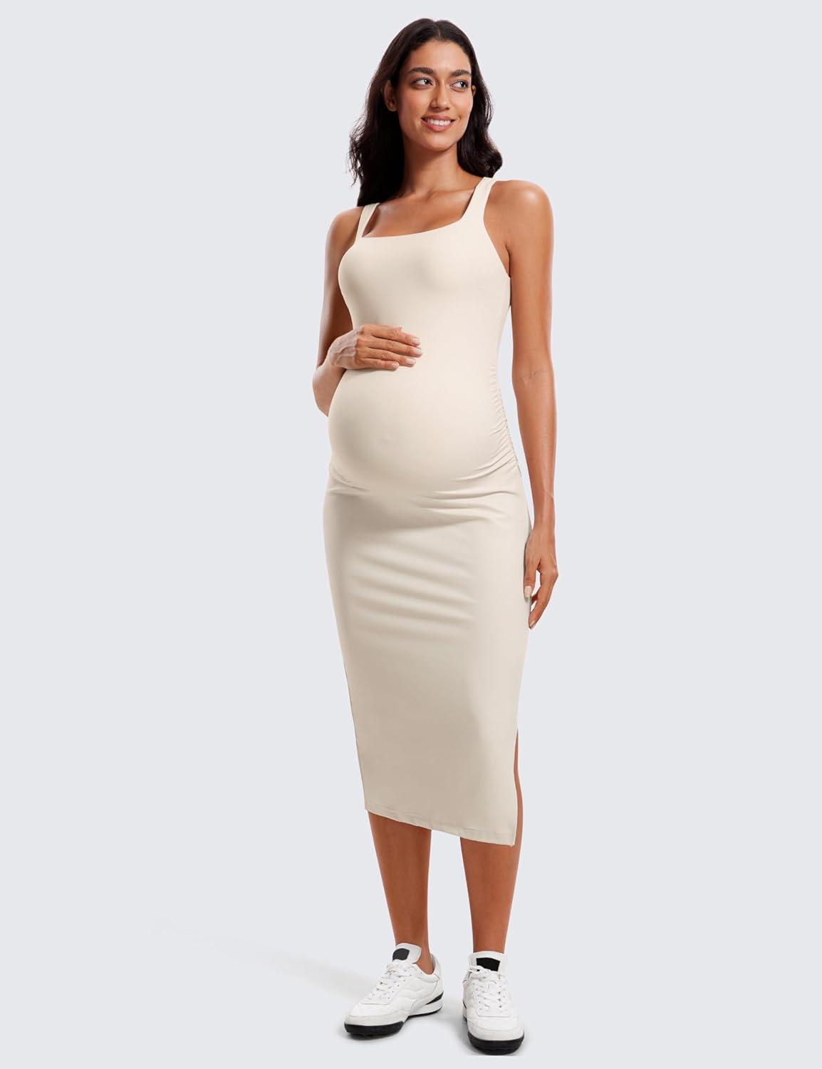 imageCRZ YOGA Butterluxe Square Neck Sleeveless Maternity Dress Split Ruched Tanks Womens Pregnancy Bodycon Casual Baby ShowerWhite Apricot