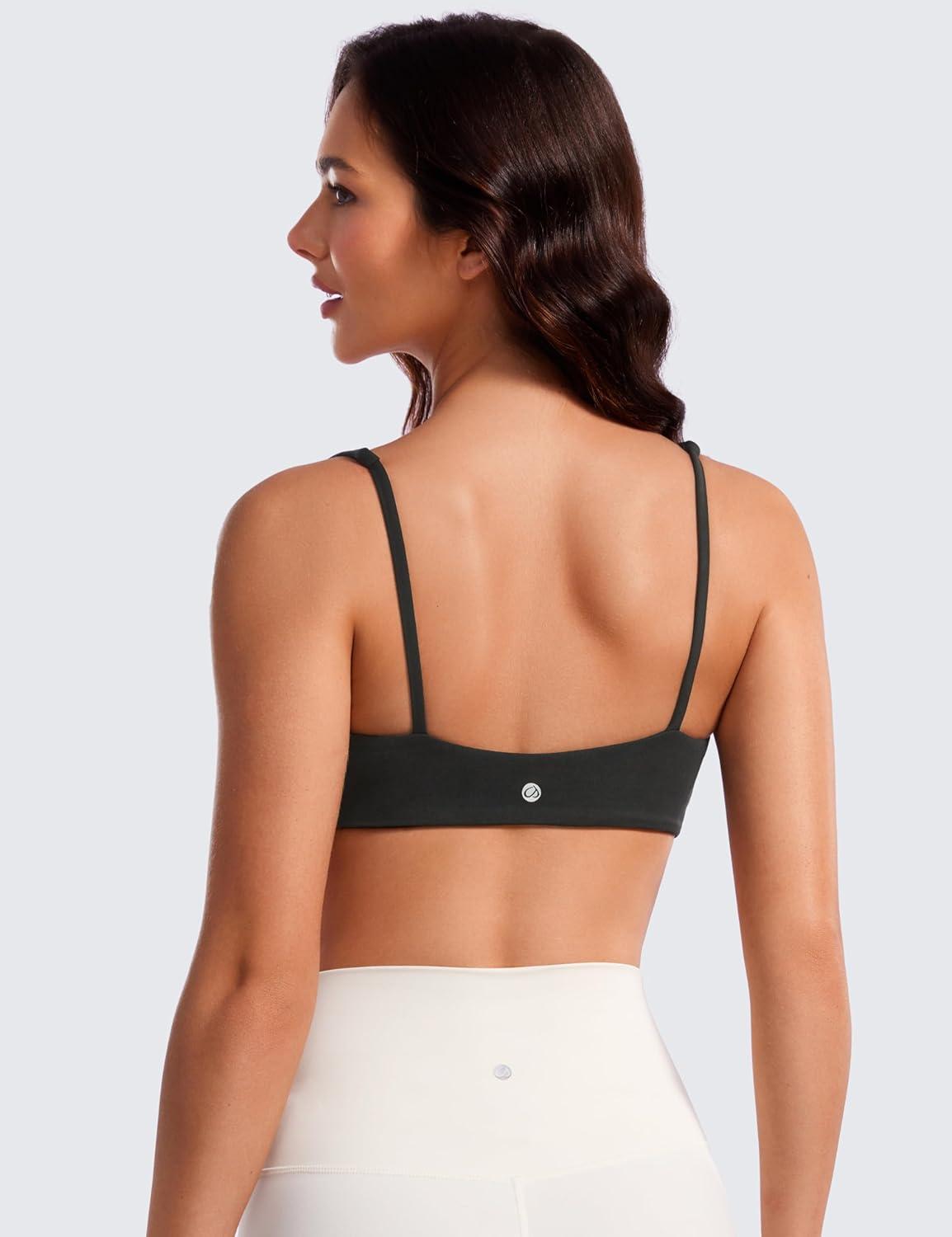 imageCRZ YOGA Butterluxe Square Neck Sports Bras for Women Spaghetti Strap Yoga Wireless Low Coverage Padded Cami Crop TopBlack