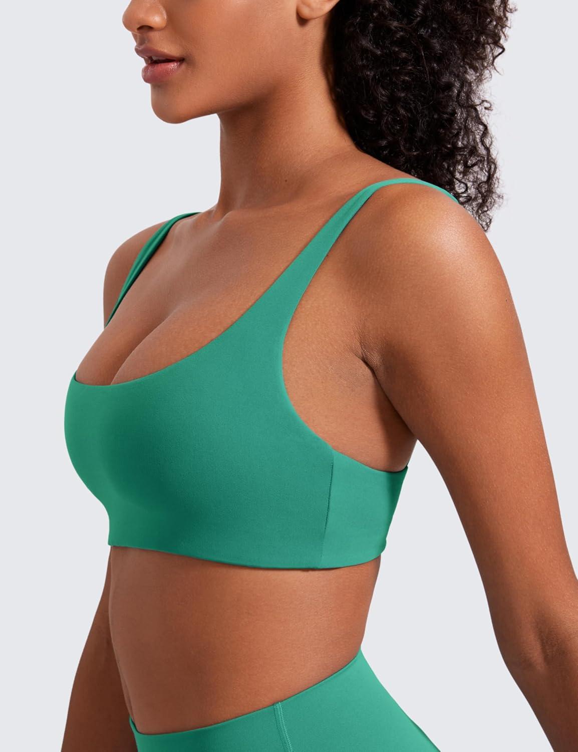imageCRZ YOGA Butterluxe Square Neck Sports Bras for Women Spaghetti Strap Yoga Wireless Low Coverage Padded Cami Crop TopCascadia Green