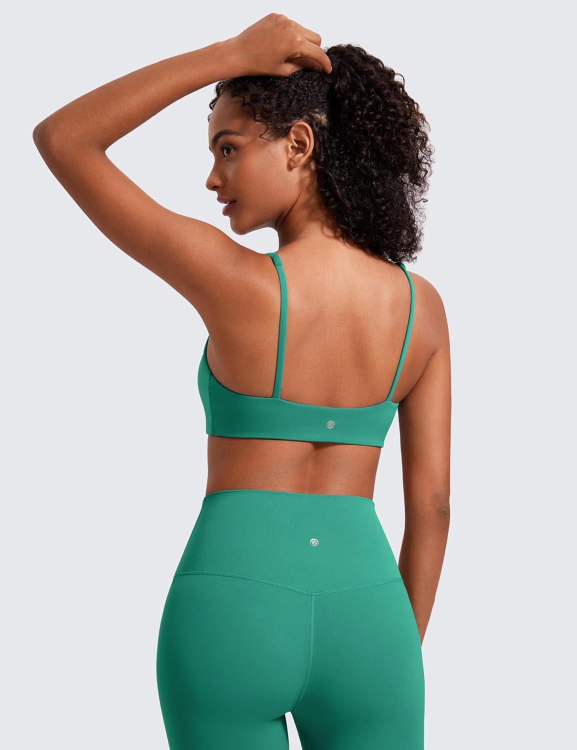 imageCRZ YOGA Butterluxe Square Neck Sports Bras for Women Spaghetti Strap Yoga Wireless Low Coverage Padded Cami Crop TopCascadia Green