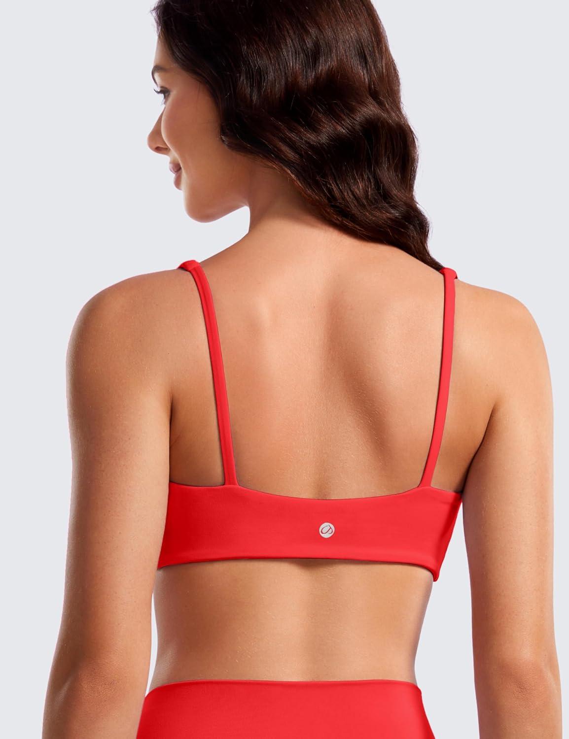 imageCRZ YOGA Butterluxe Square Neck Sports Bras for Women Spaghetti Strap Yoga Wireless Low Coverage Padded Cami Crop TopDeep Red