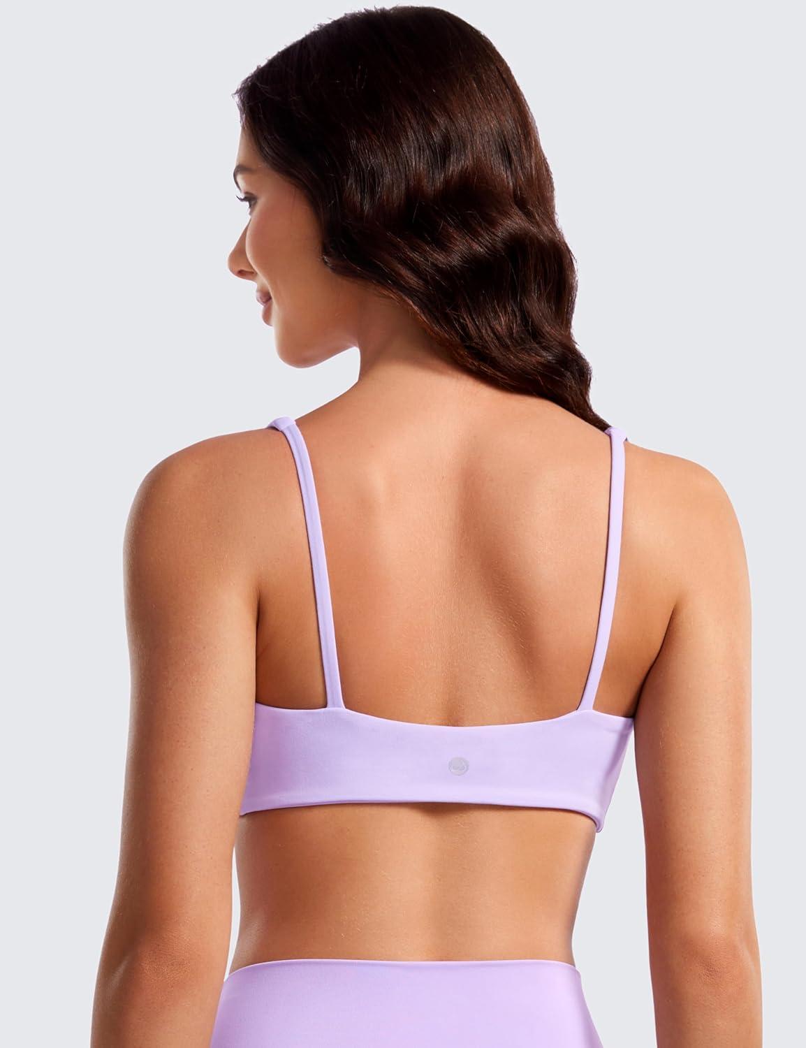 imageCRZ YOGA Butterluxe Square Neck Sports Bras for Women Spaghetti Strap Yoga Wireless Low Coverage Padded Cami Crop TopElfin Purple