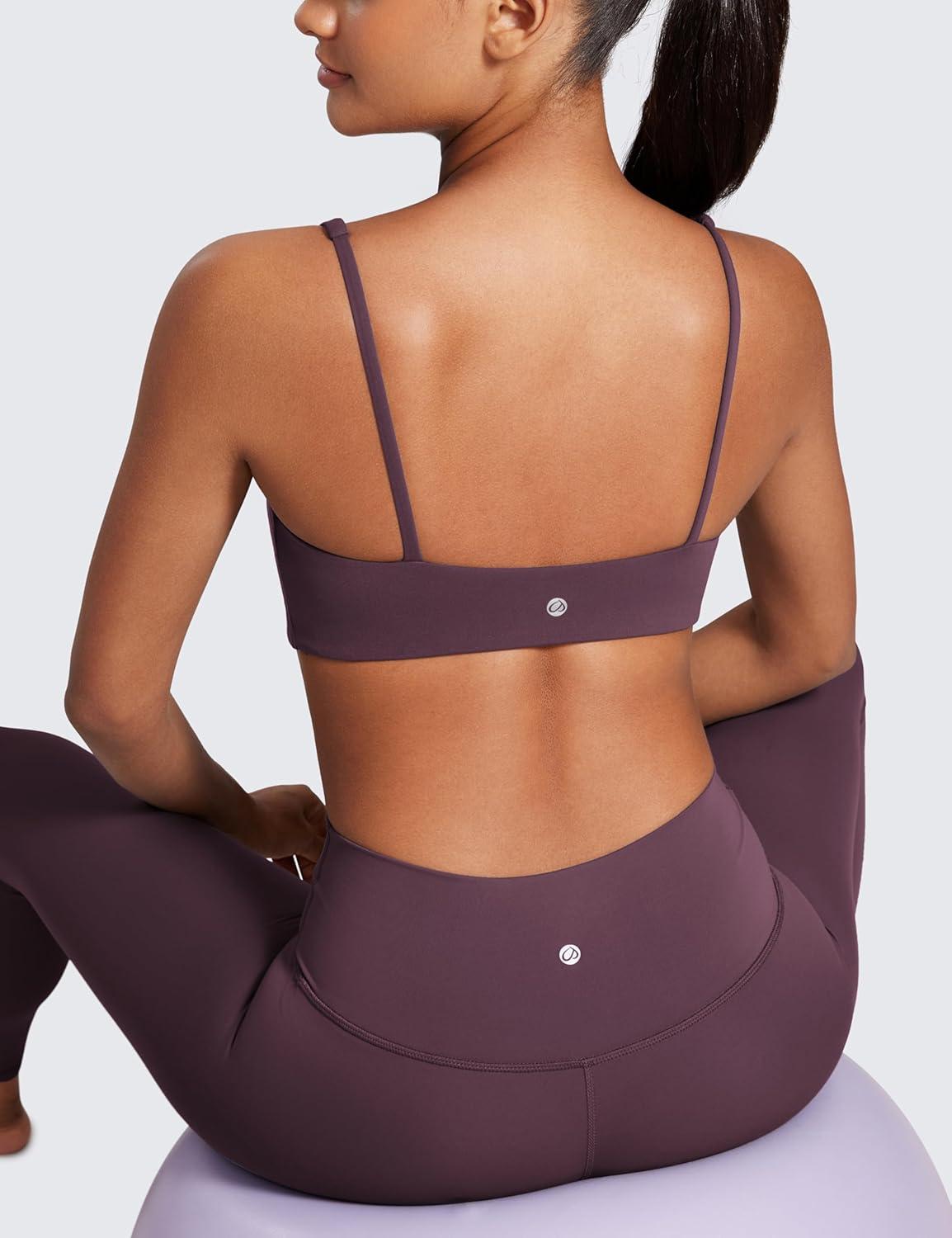 imageCRZ YOGA Butterluxe Square Neck Sports Bras for Women Spaghetti Strap Yoga Wireless Low Coverage Padded Cami Crop TopGrape Thistle Purple
