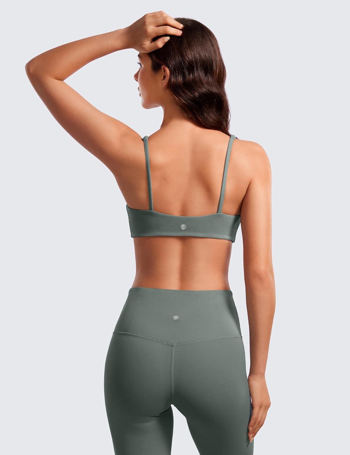 imageCRZ YOGA Butterluxe Square Neck Sports Bras for Women Spaghetti Strap Yoga Wireless Low Coverage Padded Cami Crop TopGrey Sage