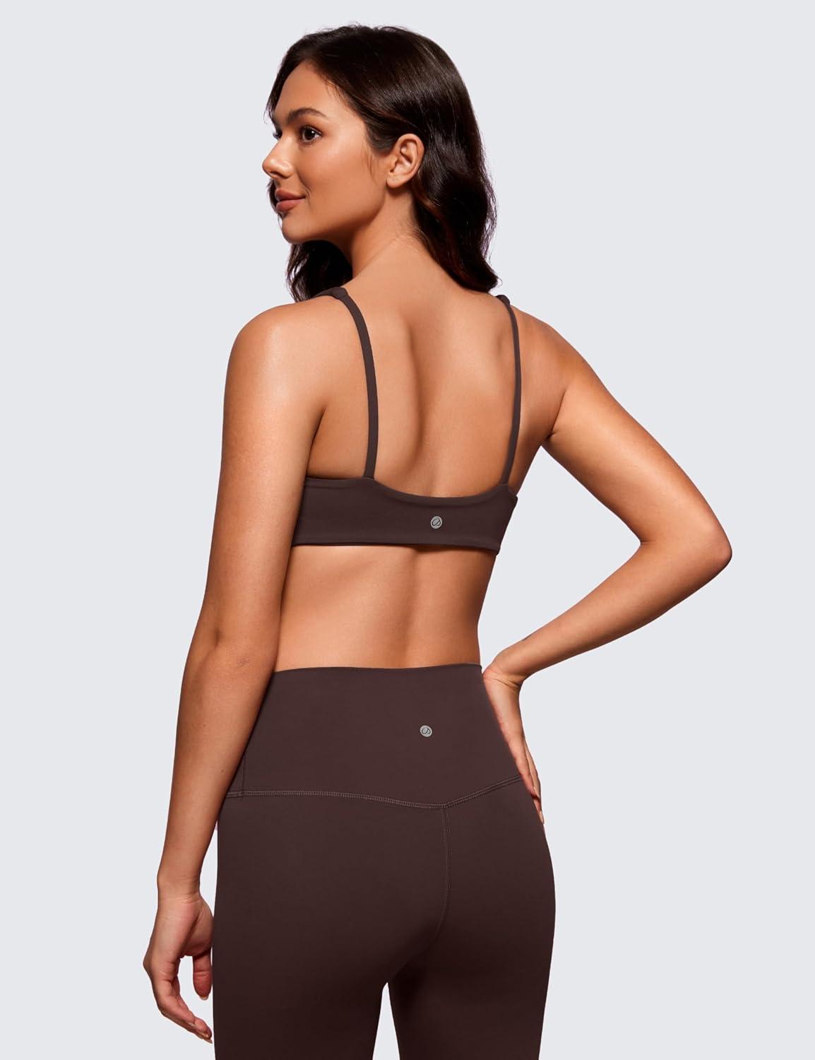 imageCRZ YOGA Butterluxe Square Neck Sports Bras for Women Spaghetti Strap Yoga Wireless Low Coverage Padded Cami Crop TopHot Fudge Brown