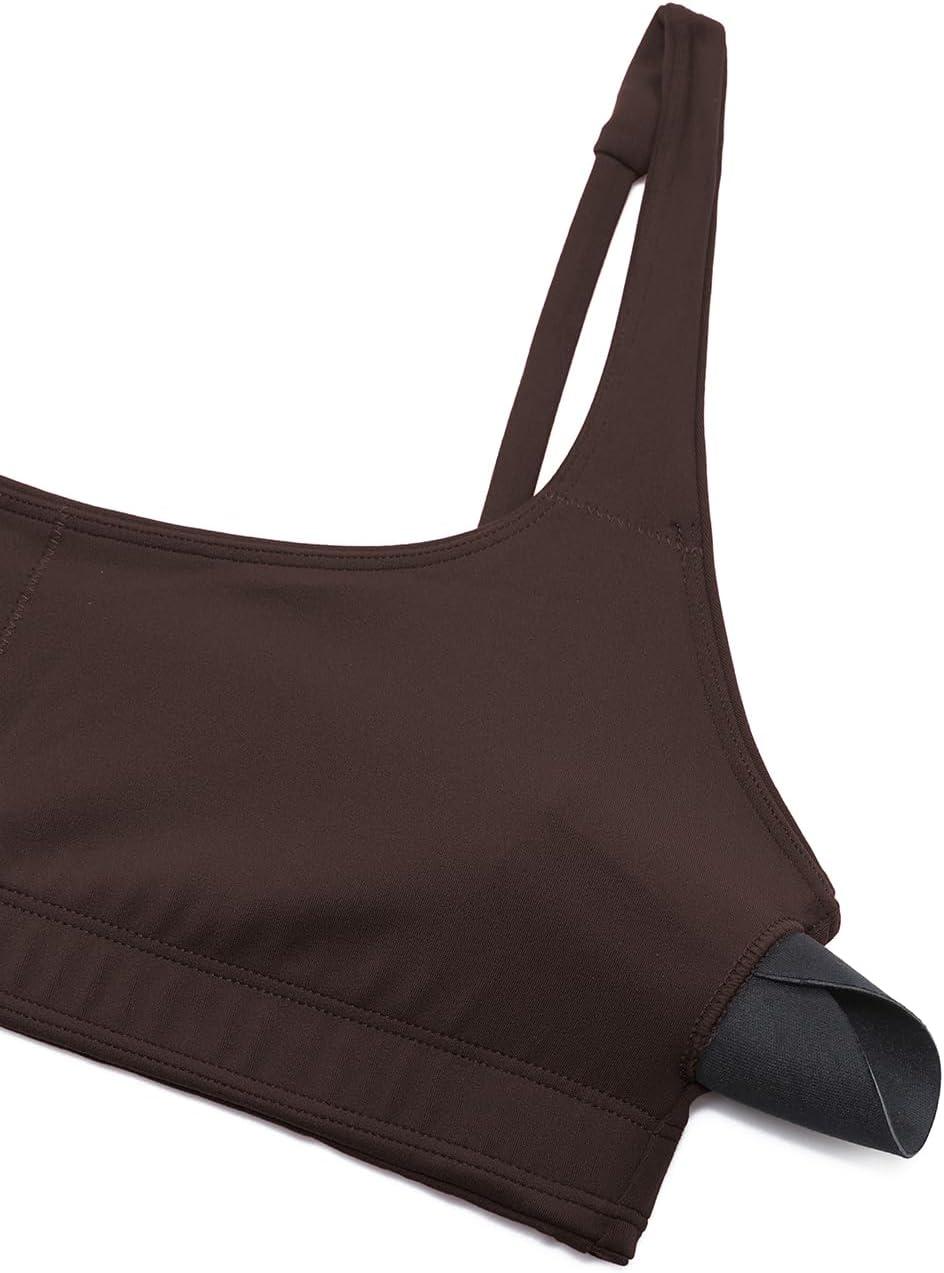 imageCRZ YOGA Butterluxe Square Neck Sports Bras for Women Spaghetti Strap Yoga Wireless Low Coverage Padded Cami Crop TopHot Fudge Brown