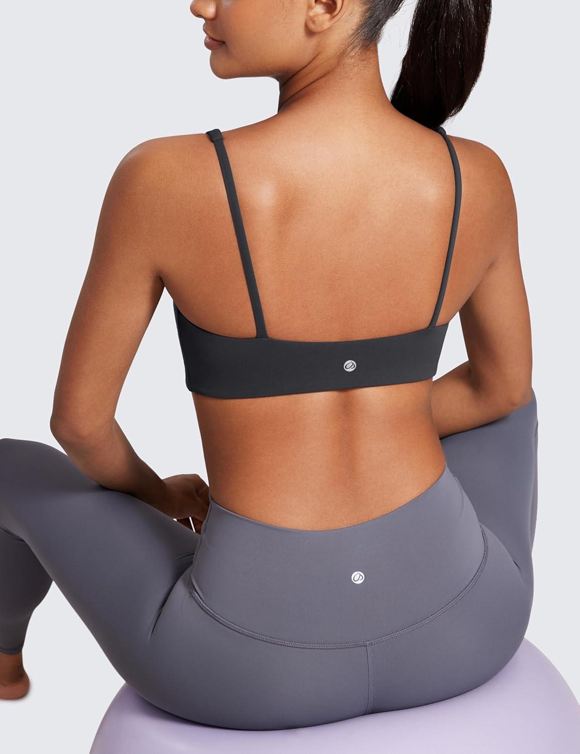 imageCRZ YOGA Butterluxe Square Neck Sports Bras for Women Spaghetti Strap Yoga Wireless Low Coverage Padded Cami Crop TopMysterious Grey