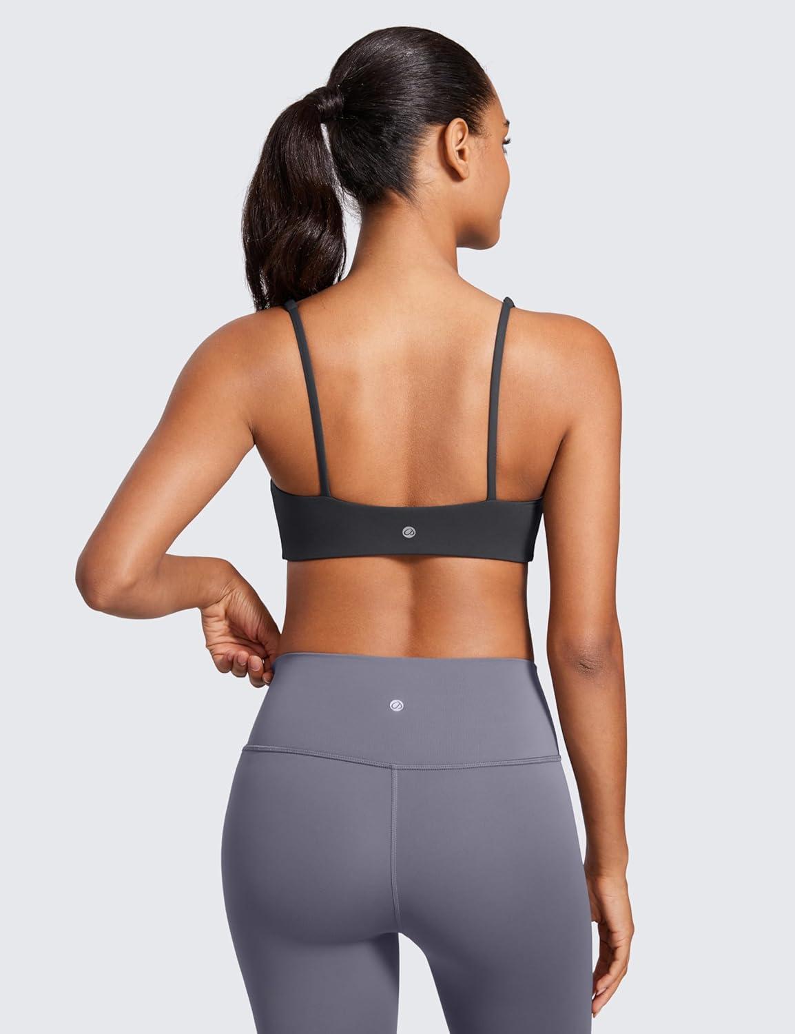 imageCRZ YOGA Butterluxe Square Neck Sports Bras for Women Spaghetti Strap Yoga Wireless Low Coverage Padded Cami Crop TopMysterious Grey