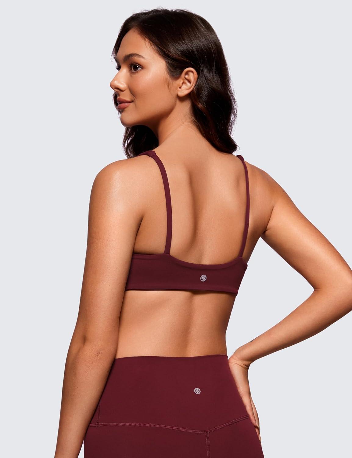 imageCRZ YOGA Butterluxe Square Neck Sports Bras for Women Spaghetti Strap Yoga Wireless Low Coverage Padded Cami Crop TopRed Merlot