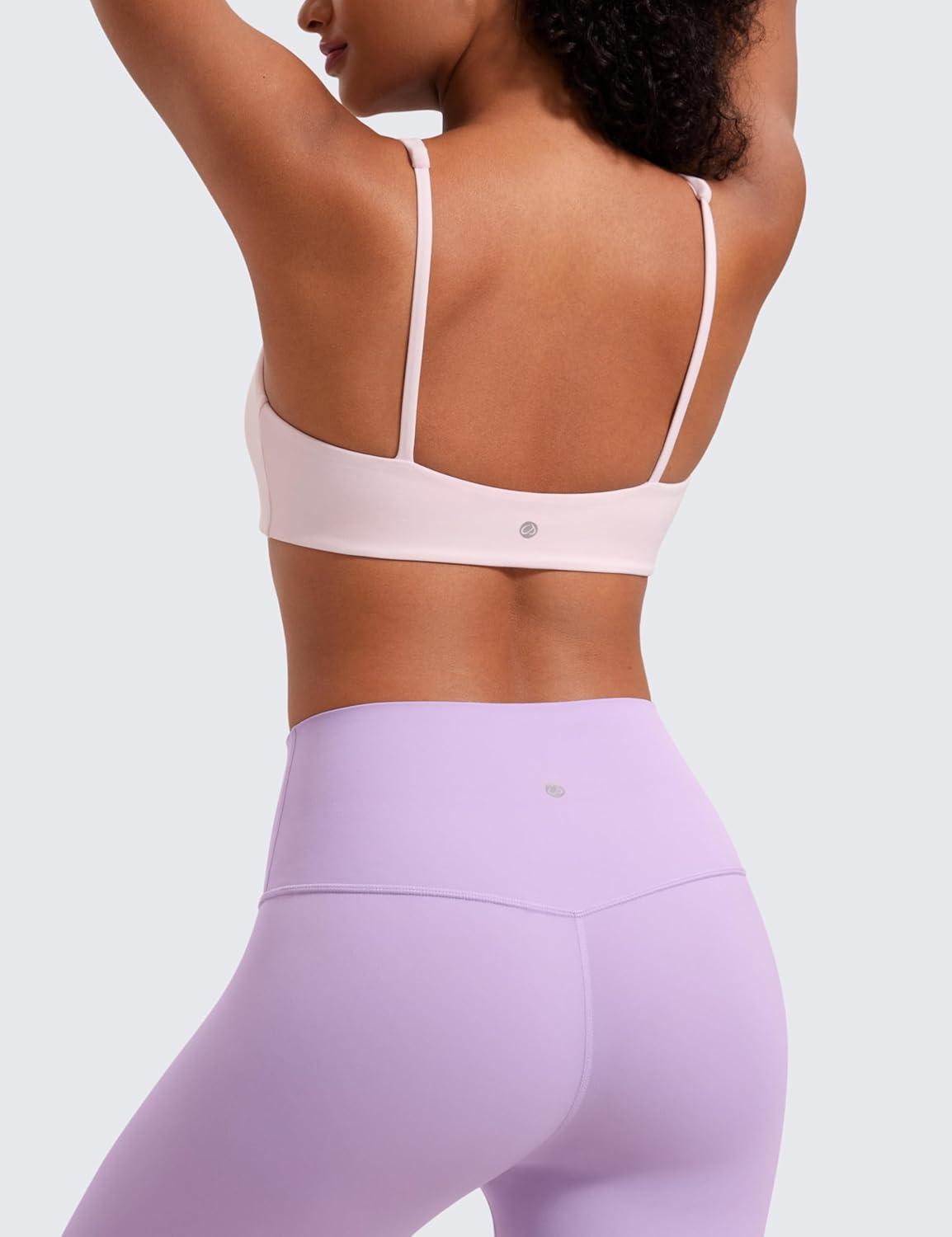 imageCRZ YOGA Butterluxe Square Neck Sports Bras for Women Spaghetti Strap Yoga Wireless Low Coverage Padded Cami Crop TopStrawberry Pink