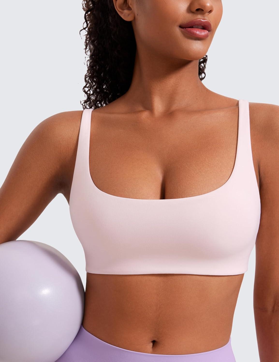 imageCRZ YOGA Butterluxe Square Neck Sports Bras for Women Spaghetti Strap Yoga Wireless Low Coverage Padded Cami Crop TopStrawberry Pink