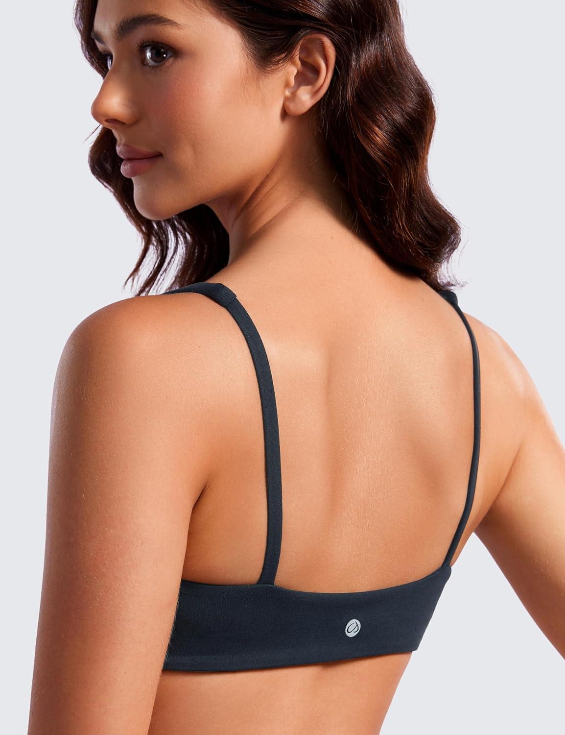 imageCRZ YOGA Butterluxe Square Neck Sports Bras for Women Spaghetti Strap Yoga Wireless Low Coverage Padded Cami Crop TopTrue Navy