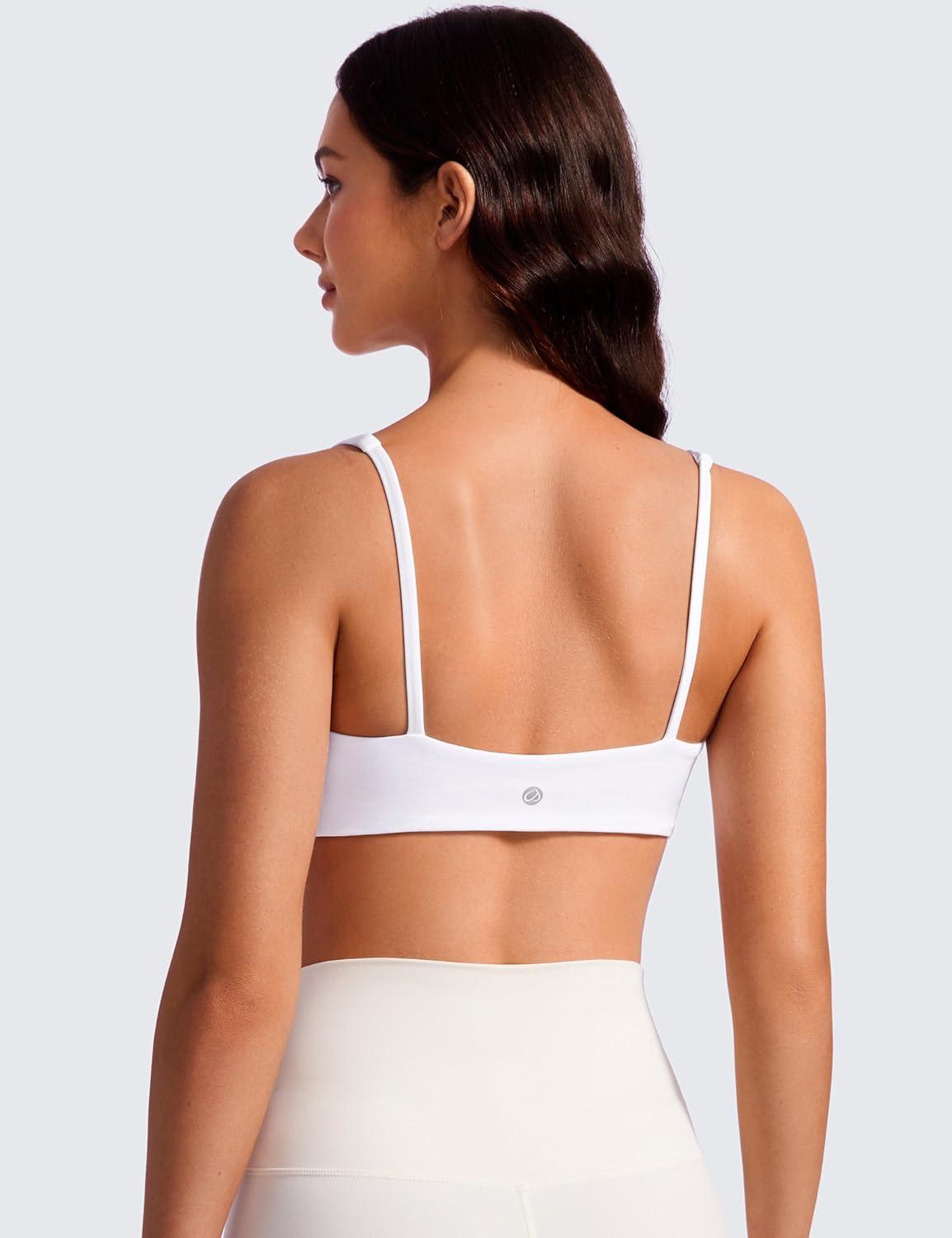 imageCRZ YOGA Butterluxe Square Neck Sports Bras for Women Spaghetti Strap Yoga Wireless Low Coverage Padded Cami Crop TopWhite