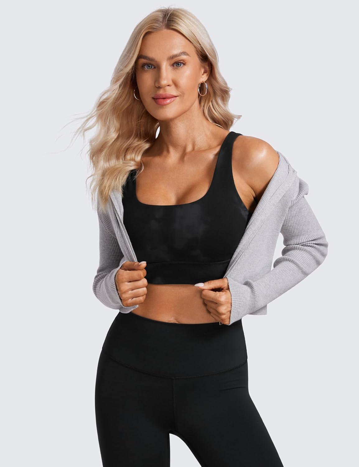 imageCRZ YOGA Butterluxe U Back Longline Sports Bras for Women Scoop Neck Padded Yoga Workout Crop Top with Built in PadsBlack Tie Dye Flowers