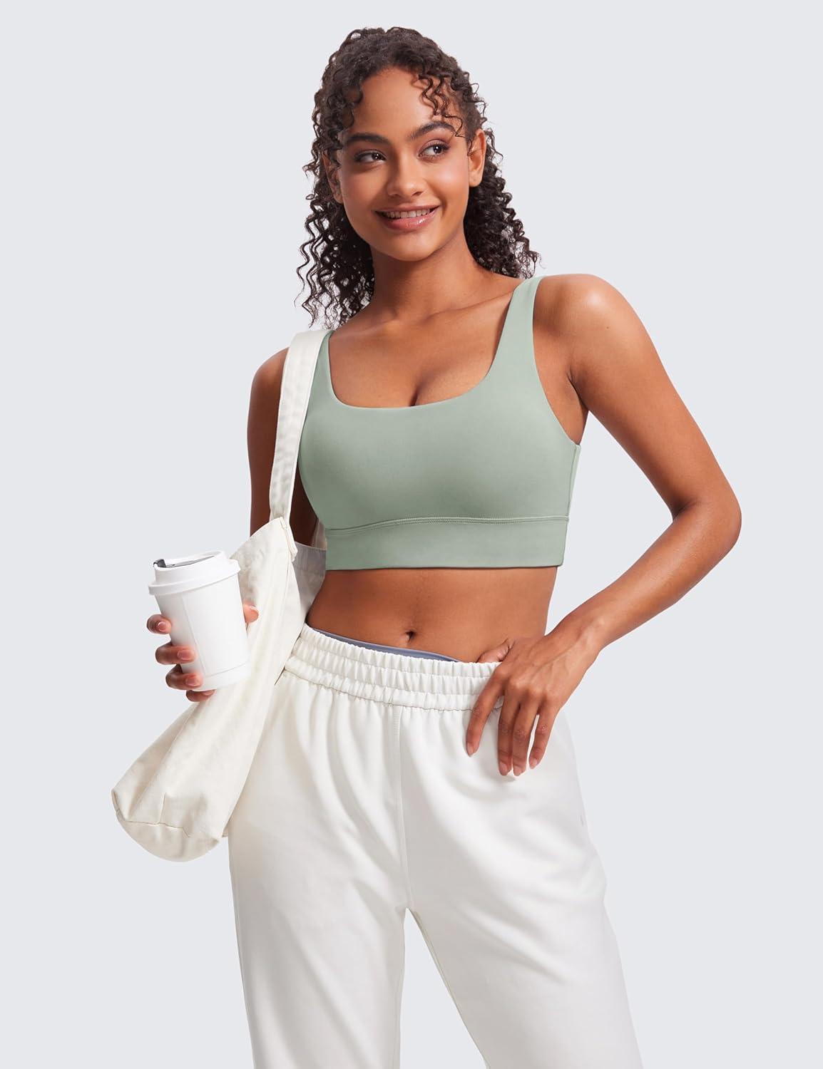 imageCRZ YOGA Butterluxe U Back Longline Sports Bras for Women Scoop Neck Padded Yoga Workout Crop Top with Built in PadsGreen Palm Court