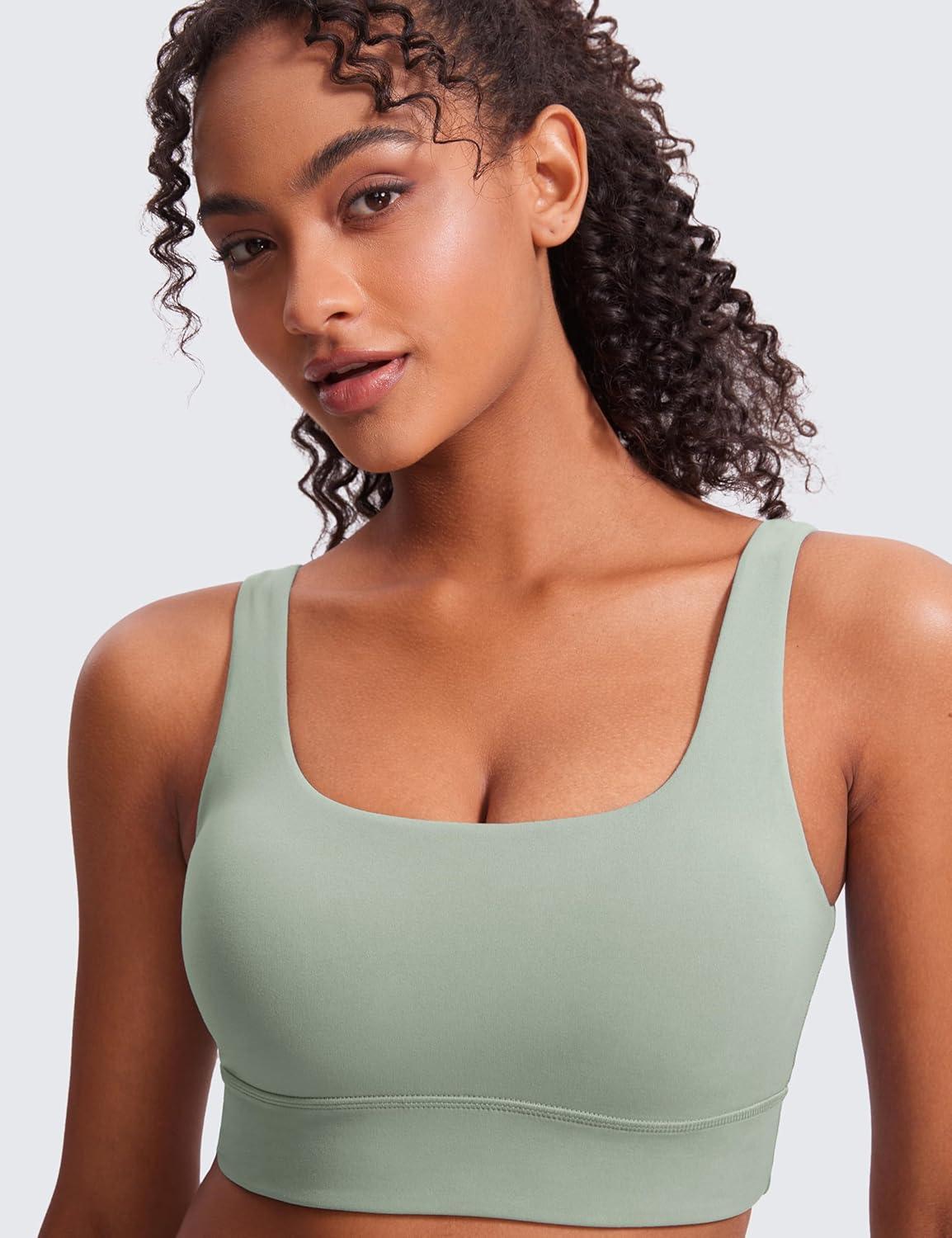 imageCRZ YOGA Butterluxe U Back Longline Sports Bras for Women Scoop Neck Padded Yoga Workout Crop Top with Built in PadsGreen Palm Court