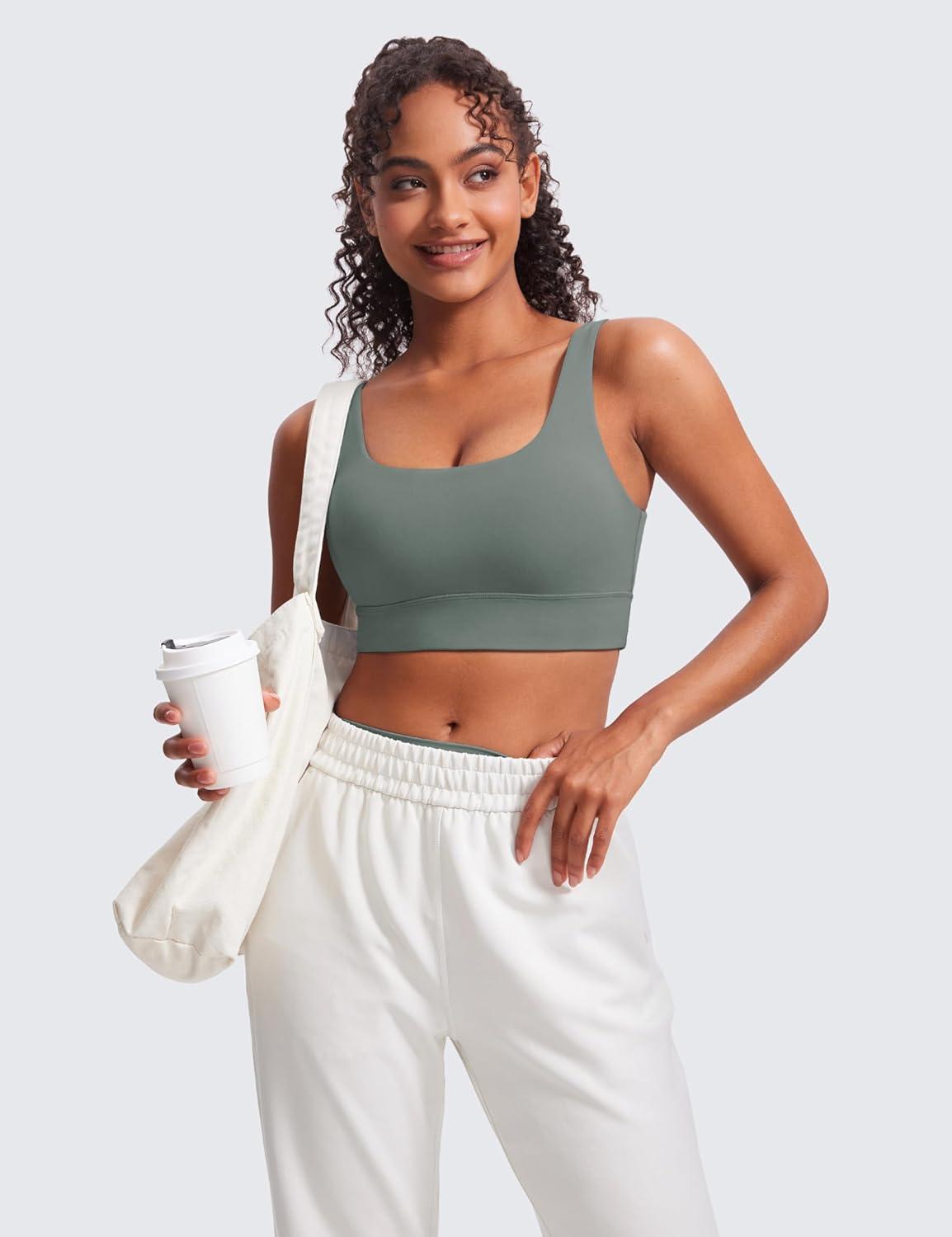 imageCRZ YOGA Butterluxe U Back Longline Sports Bras for Women Scoop Neck Padded Yoga Workout Crop Top with Built in PadsGrey Sage