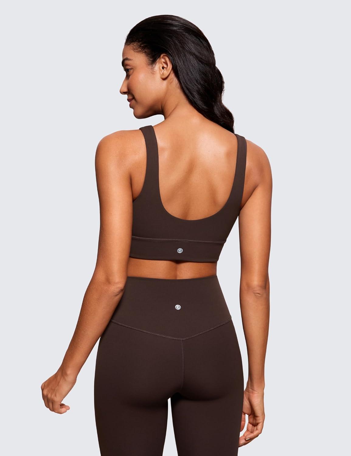 imageCRZ YOGA Butterluxe U Back Longline Sports Bras for Women Scoop Neck Padded Yoga Workout Crop Top with Built in PadsHot Fudge Brown
