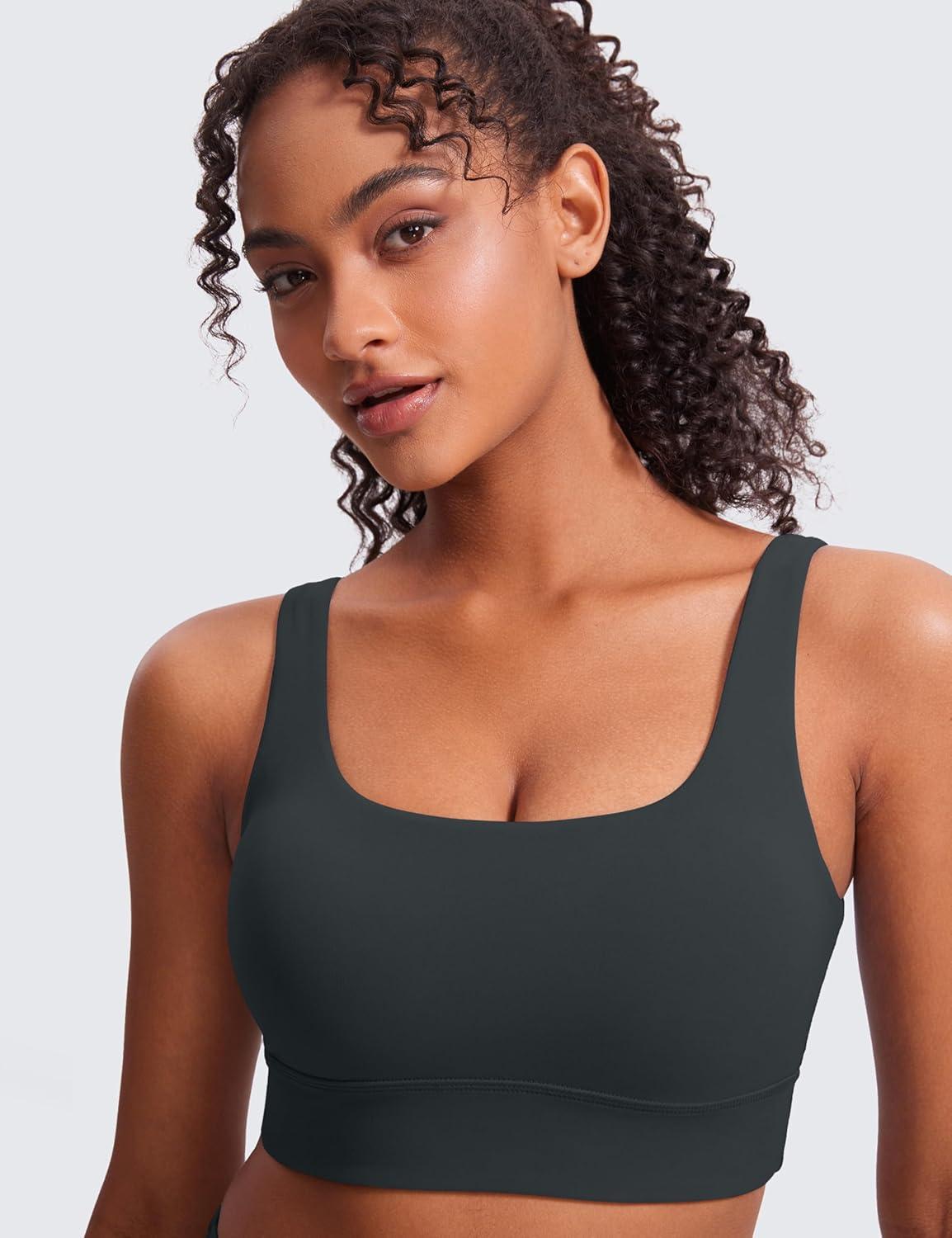 imageCRZ YOGA Butterluxe U Back Longline Sports Bras for Women Scoop Neck Padded Yoga Workout Crop Top with Built in PadsMelanite