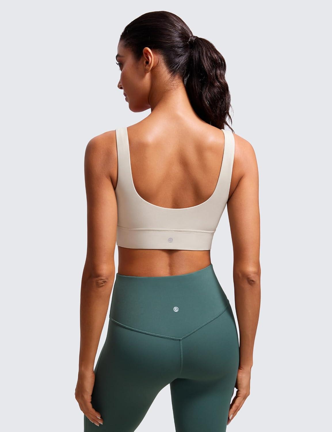 imageCRZ YOGA Butterluxe U Back Longline Sports Bras for Women Scoop Neck Padded Yoga Workout Crop Top with Built in PadsMojave Tan