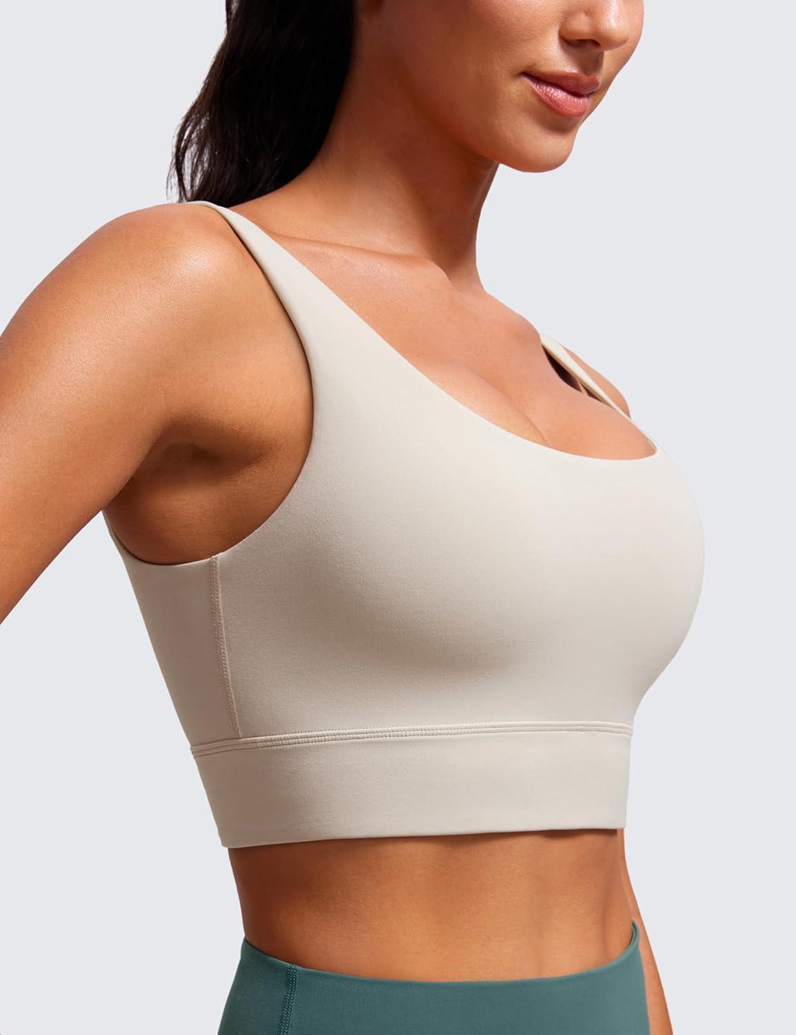 imageCRZ YOGA Butterluxe U Back Longline Sports Bras for Women Scoop Neck Padded Yoga Workout Crop Top with Built in PadsMojave Tan