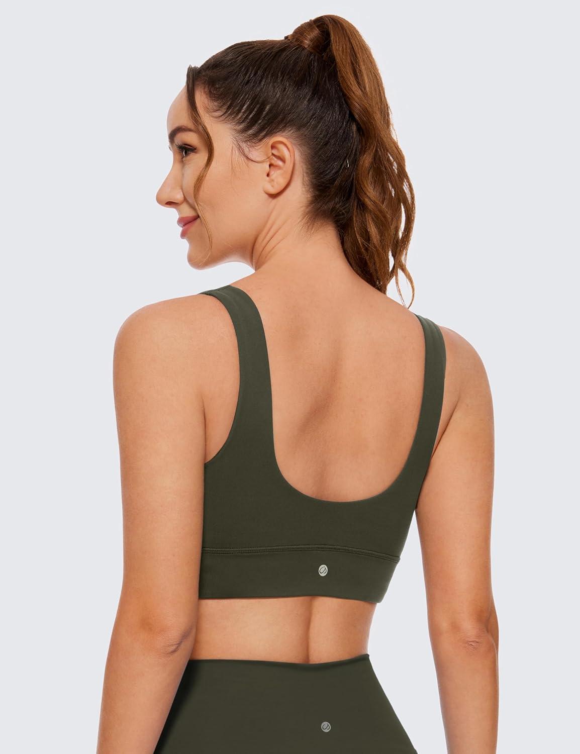 imageCRZ YOGA Butterluxe U Back Longline Sports Bras for Women Scoop Neck Padded Yoga Workout Crop Top with Built in PadsOlive Green