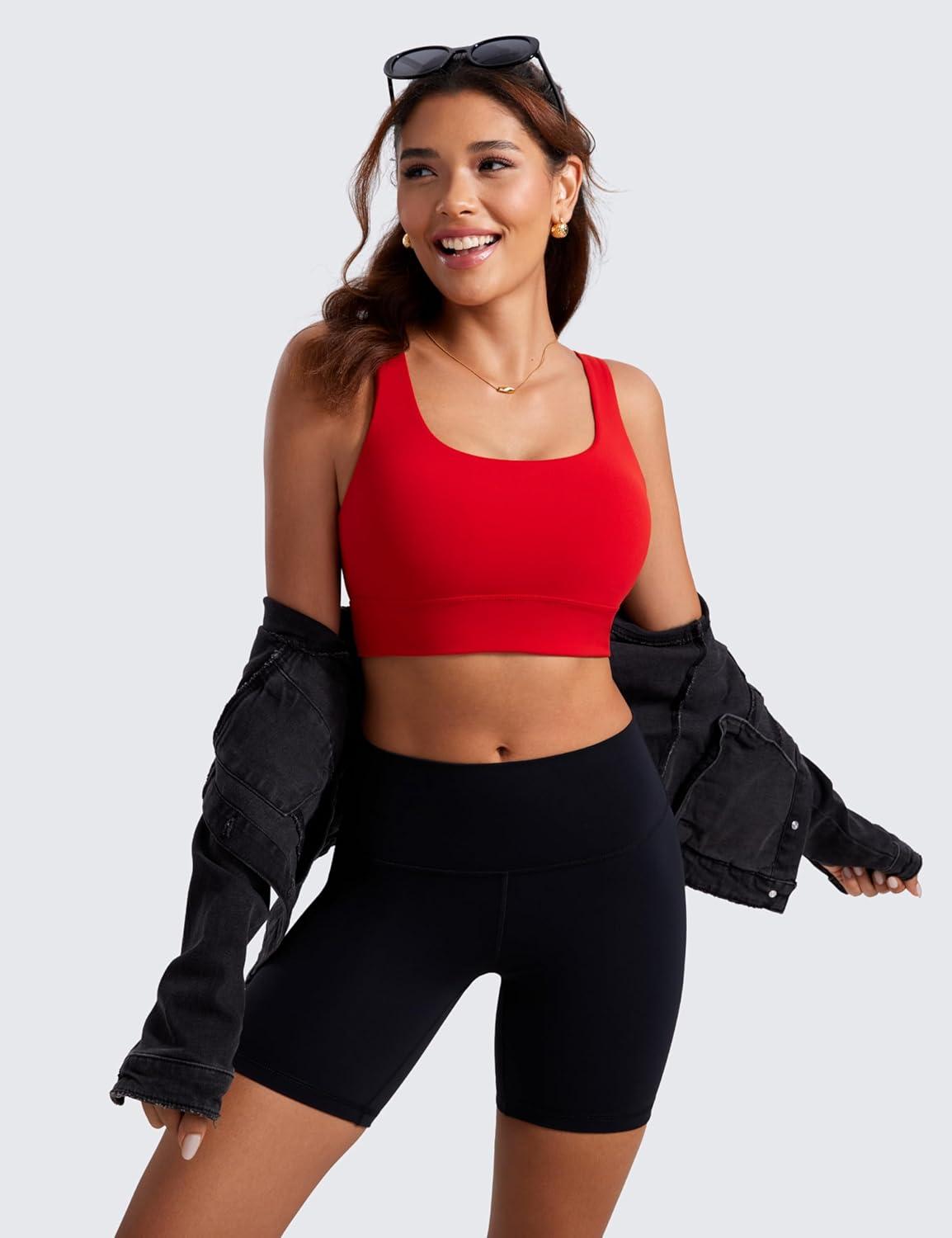 imageCRZ YOGA Butterluxe U Back Longline Sports Bras for Women Scoop Neck Padded Yoga Workout Crop Top with Built in PadsRed Chili