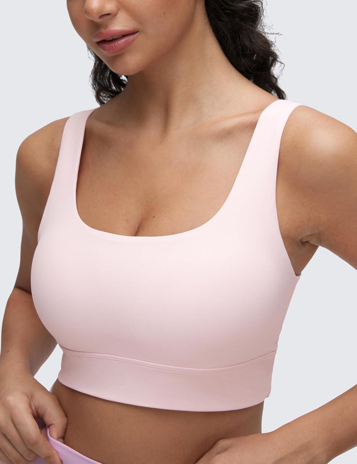 imageCRZ YOGA Butterluxe U Back Longline Sports Bras for Women Scoop Neck Padded Yoga Workout Crop Top with Built in PadsStrawberry Pink