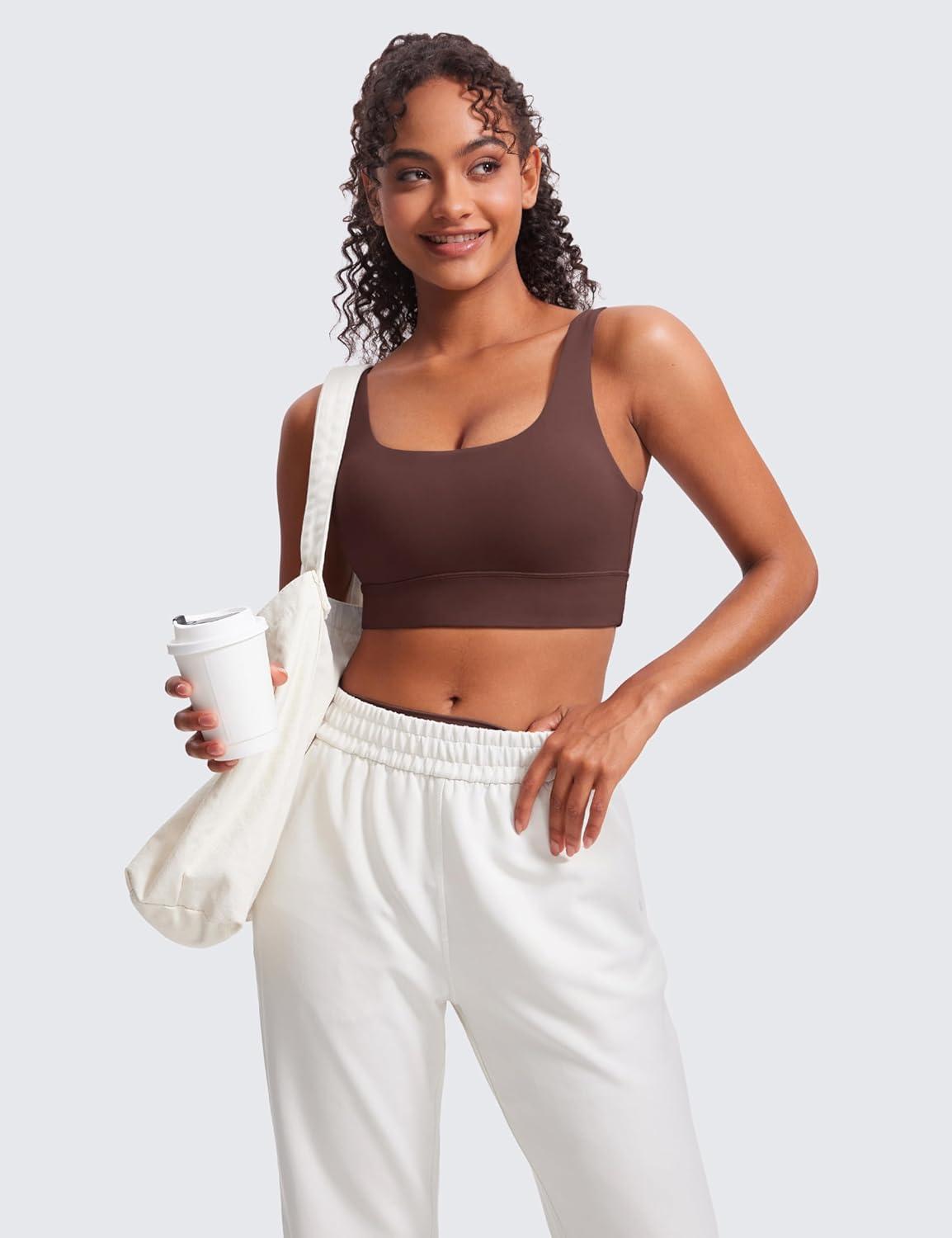 imageCRZ YOGA Butterluxe U Back Longline Sports Bras for Women Scoop Neck Padded Yoga Workout Crop Top with Built in PadsTaupe