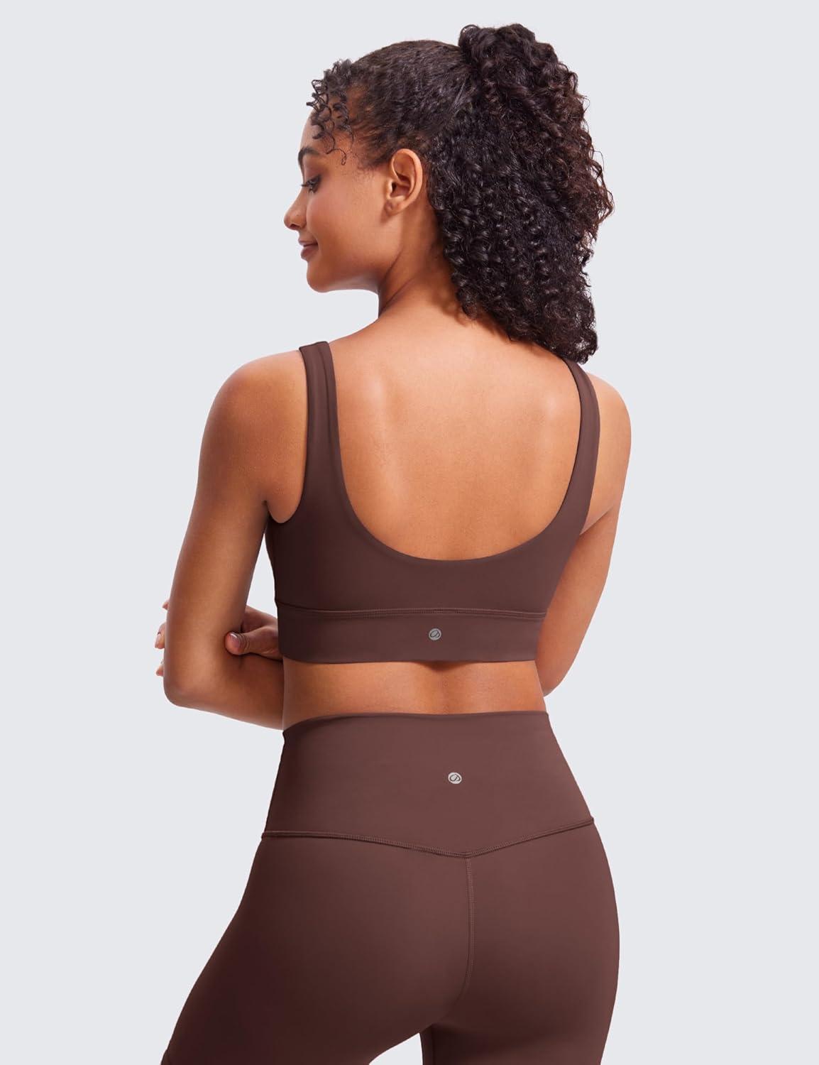 imageCRZ YOGA Butterluxe U Back Longline Sports Bras for Women Scoop Neck Padded Yoga Workout Crop Top with Built in PadsTaupe