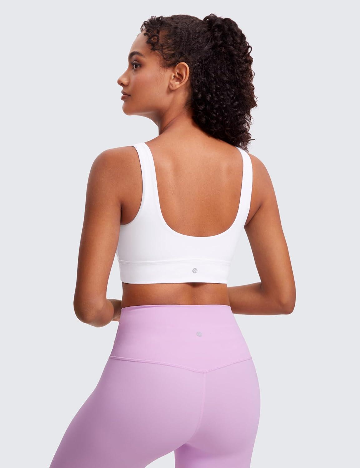 imageCRZ YOGA Butterluxe U Back Longline Sports Bras for Women Scoop Neck Padded Yoga Workout Crop Top with Built in PadsWhite