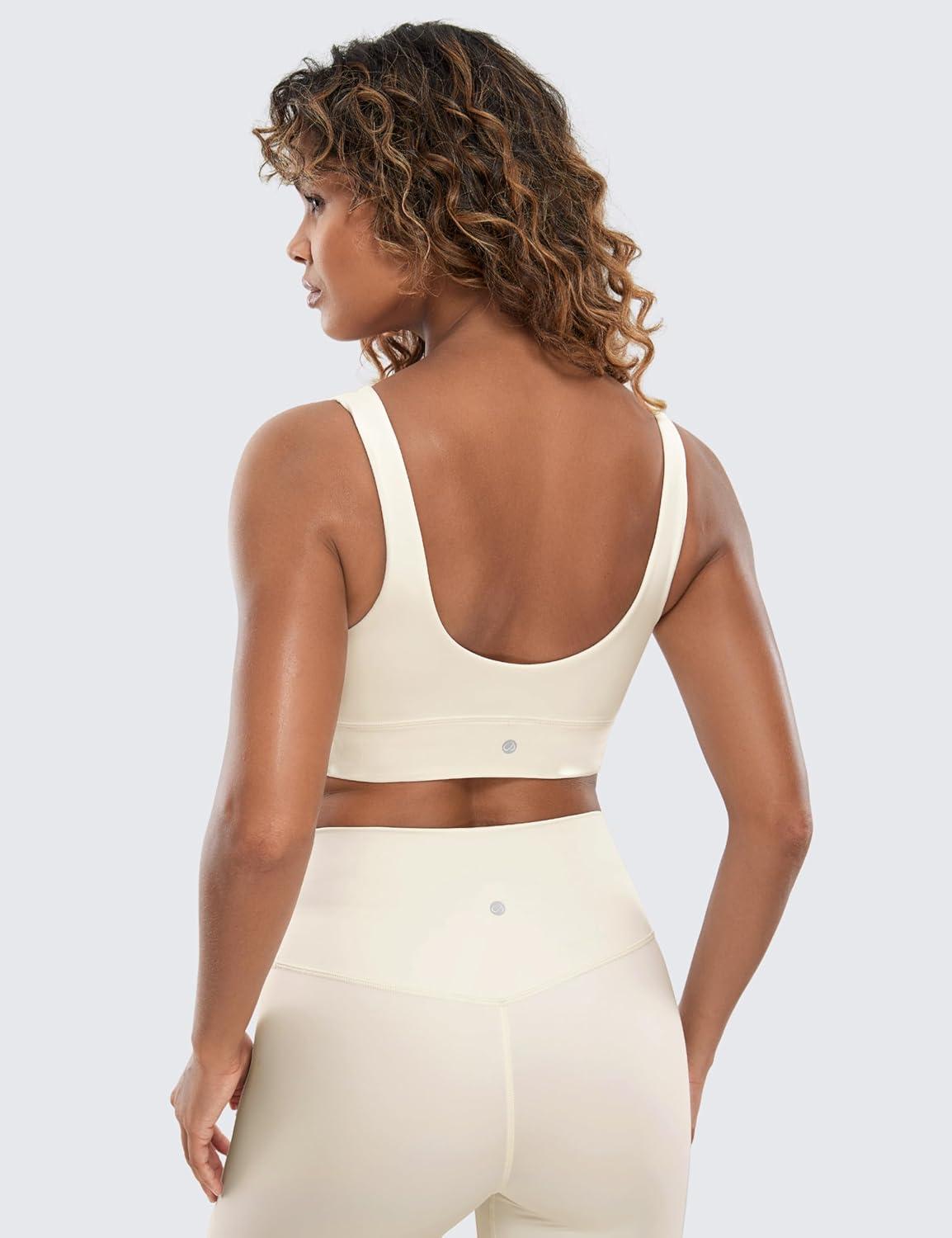 imageCRZ YOGA Butterluxe U Back Longline Sports Bras for Women Scoop Neck Padded Yoga Workout Crop Top with Built in PadsWhite Apricot