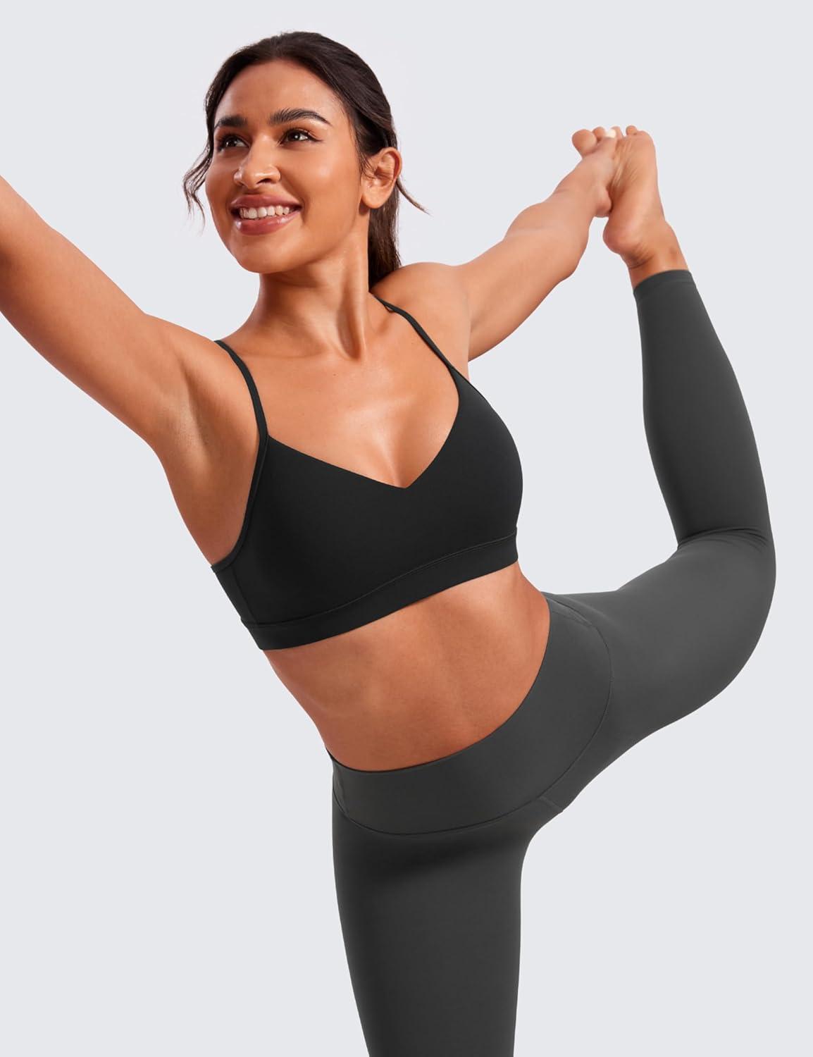 imageCRZ YOGA Butterluxe VNeck Sports Bras for Women Adjustable Thin Straps Padded Yoga Top Basic Wireless CamisoleBlack