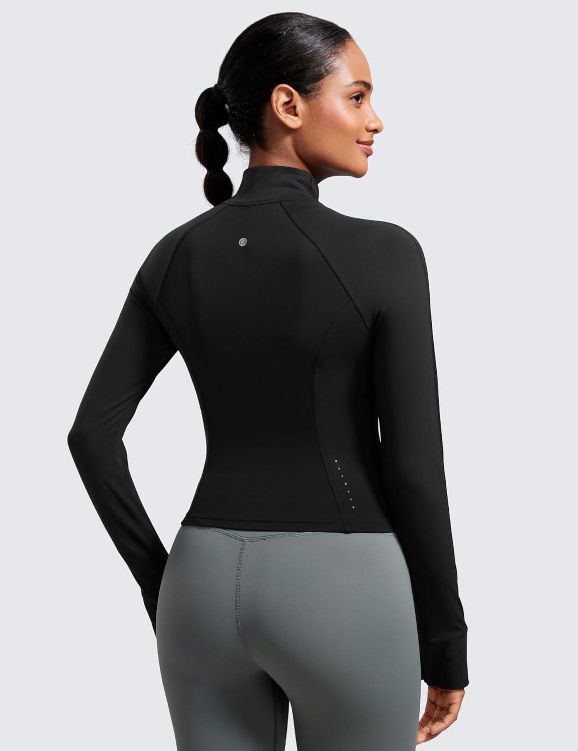 imageCRZ YOGA Butterluxe Waist Length Jackets for Women Full Zip Athletic Track Tops with Thumb Holes PocketsBlack