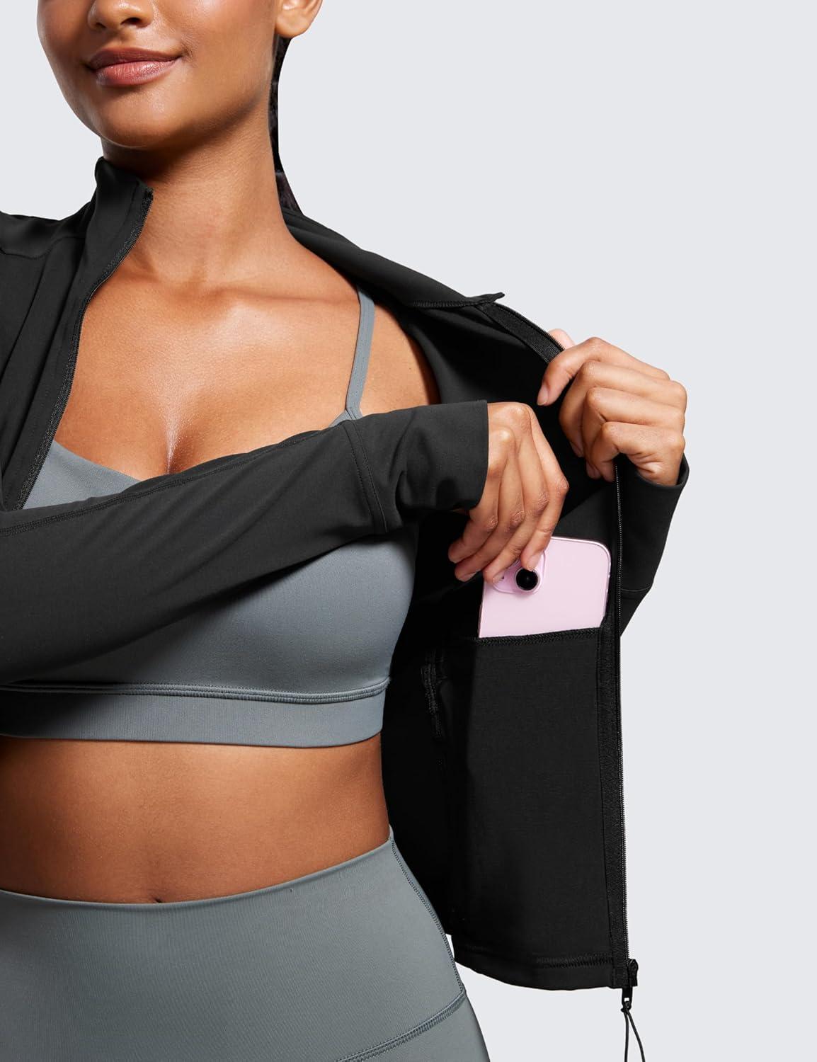 imageCRZ YOGA Butterluxe Waist Length Jackets for Women Full Zip Athletic Track Tops with Thumb Holes PocketsBlack