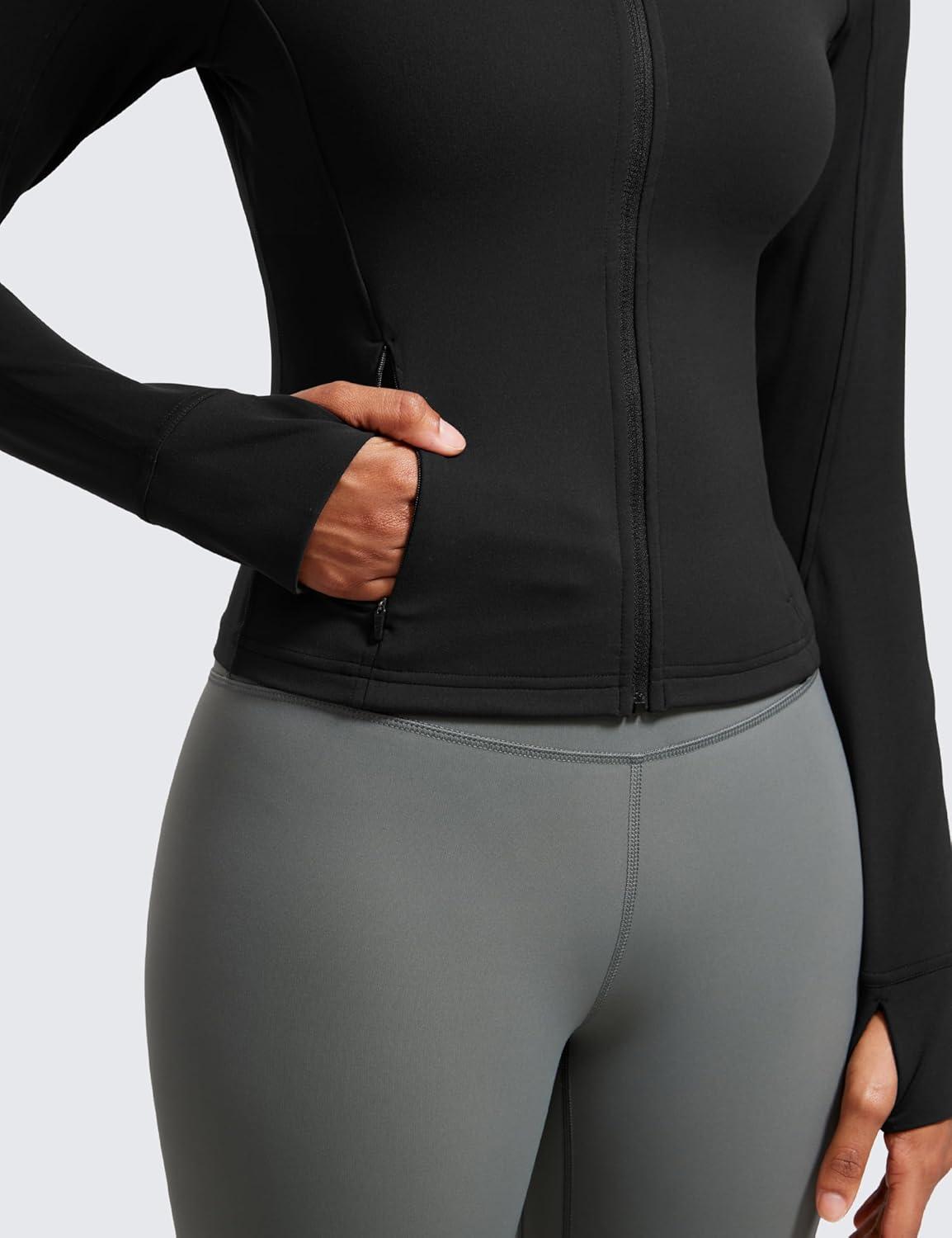 imageCRZ YOGA Butterluxe Waist Length Jackets for Women Full Zip Athletic Track Tops with Thumb Holes PocketsBlack
