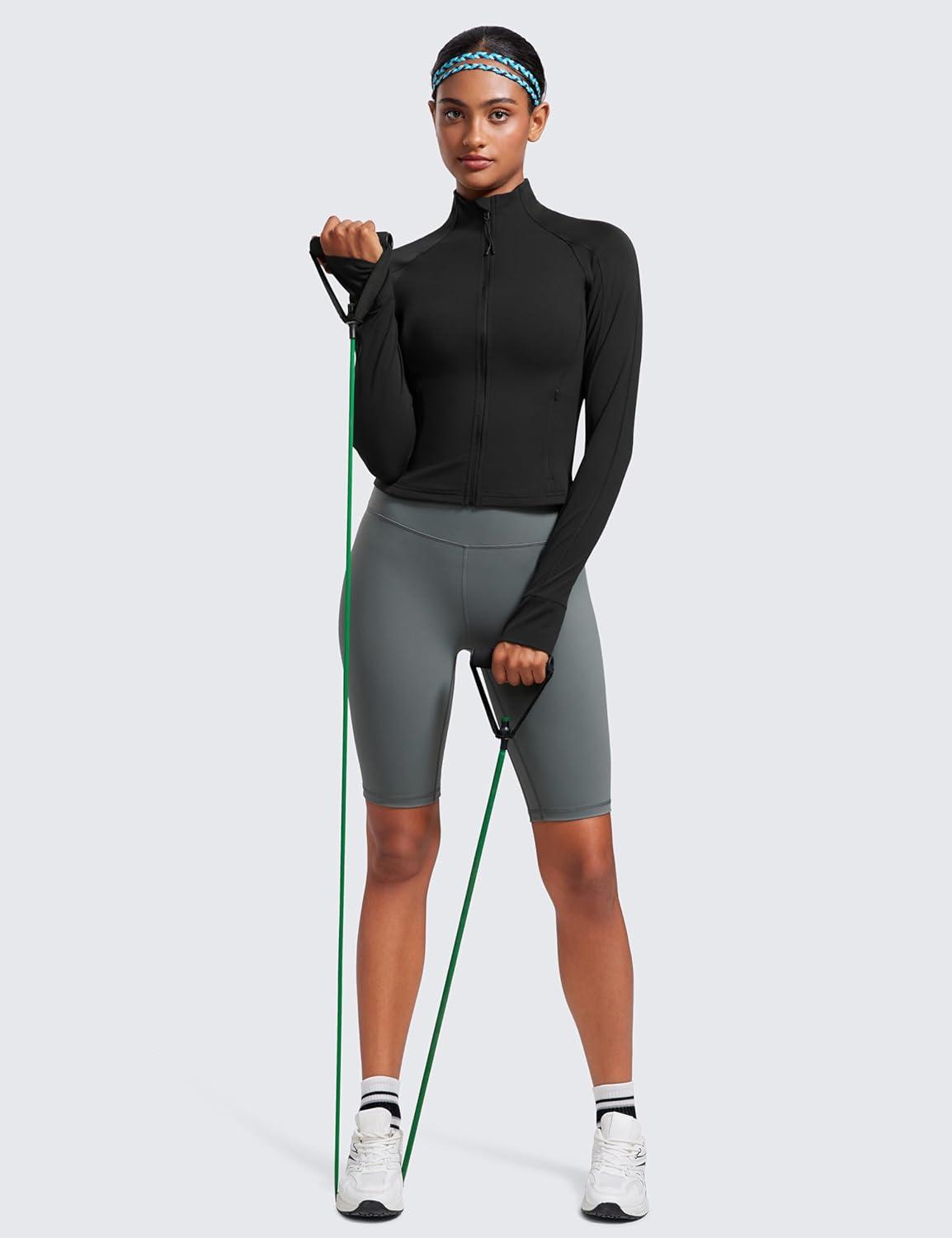 imageCRZ YOGA Butterluxe Waist Length Jackets for Women Full Zip Athletic Track Tops with Thumb Holes PocketsBlack