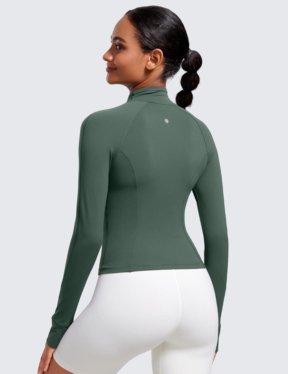 imageCRZ YOGA Butterluxe Waist Length Jackets for Women Full Zip Athletic Track Tops with Thumb Holes PocketsDark Forest Green