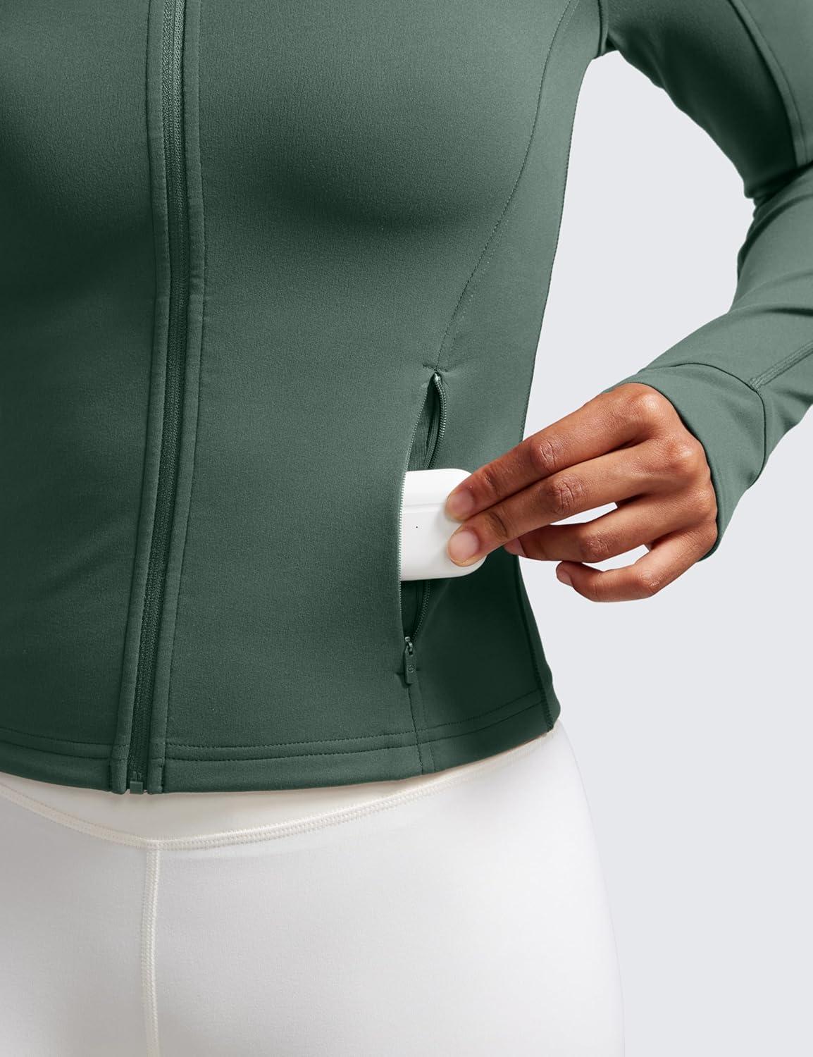 imageCRZ YOGA Butterluxe Waist Length Jackets for Women Full Zip Athletic Track Tops with Thumb Holes PocketsDark Forest Green