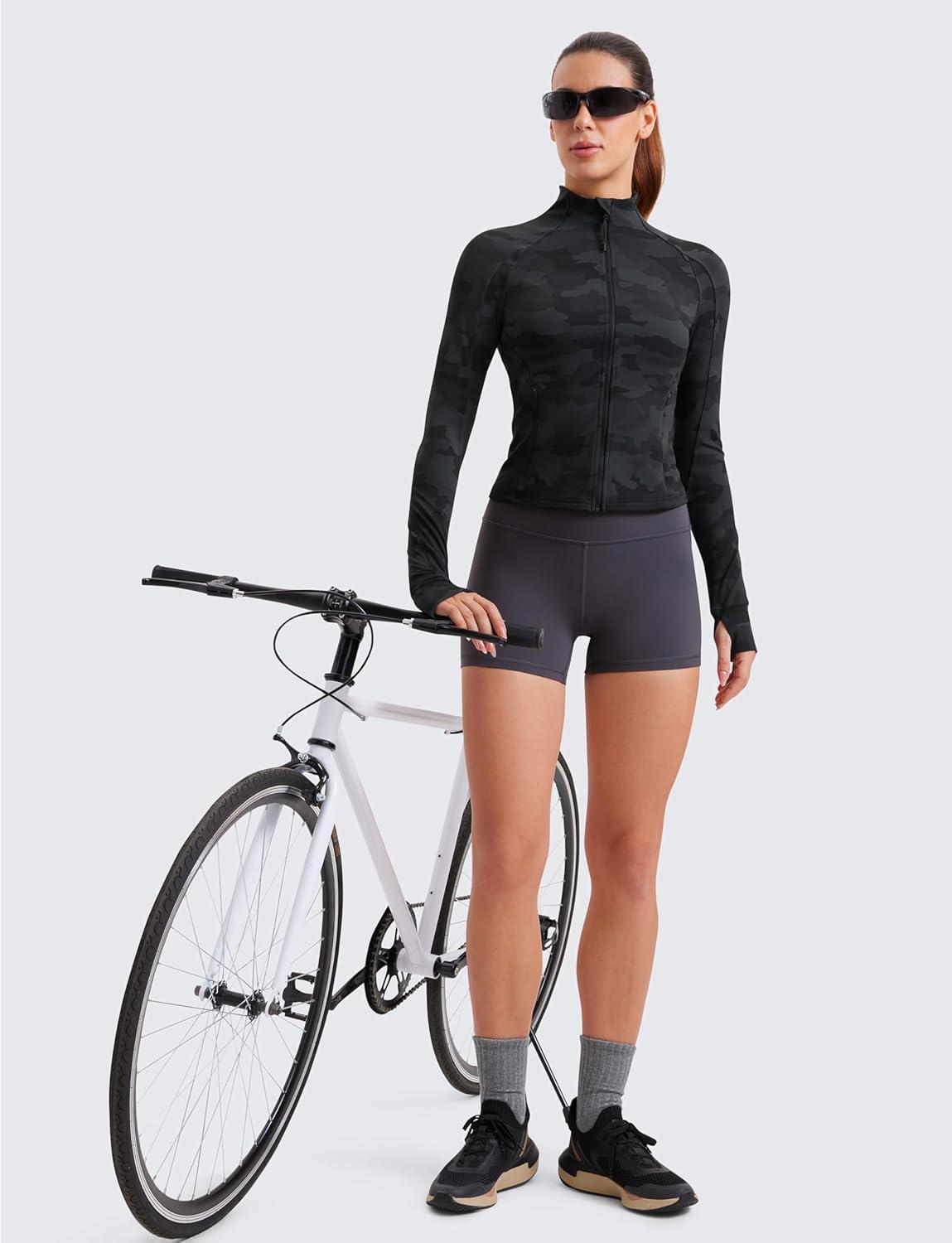 imageCRZ YOGA Butterluxe Waist Length Jackets for Women Full Zip Athletic Track Tops with Thumb Holes PocketsDark Grey Camouflage 2